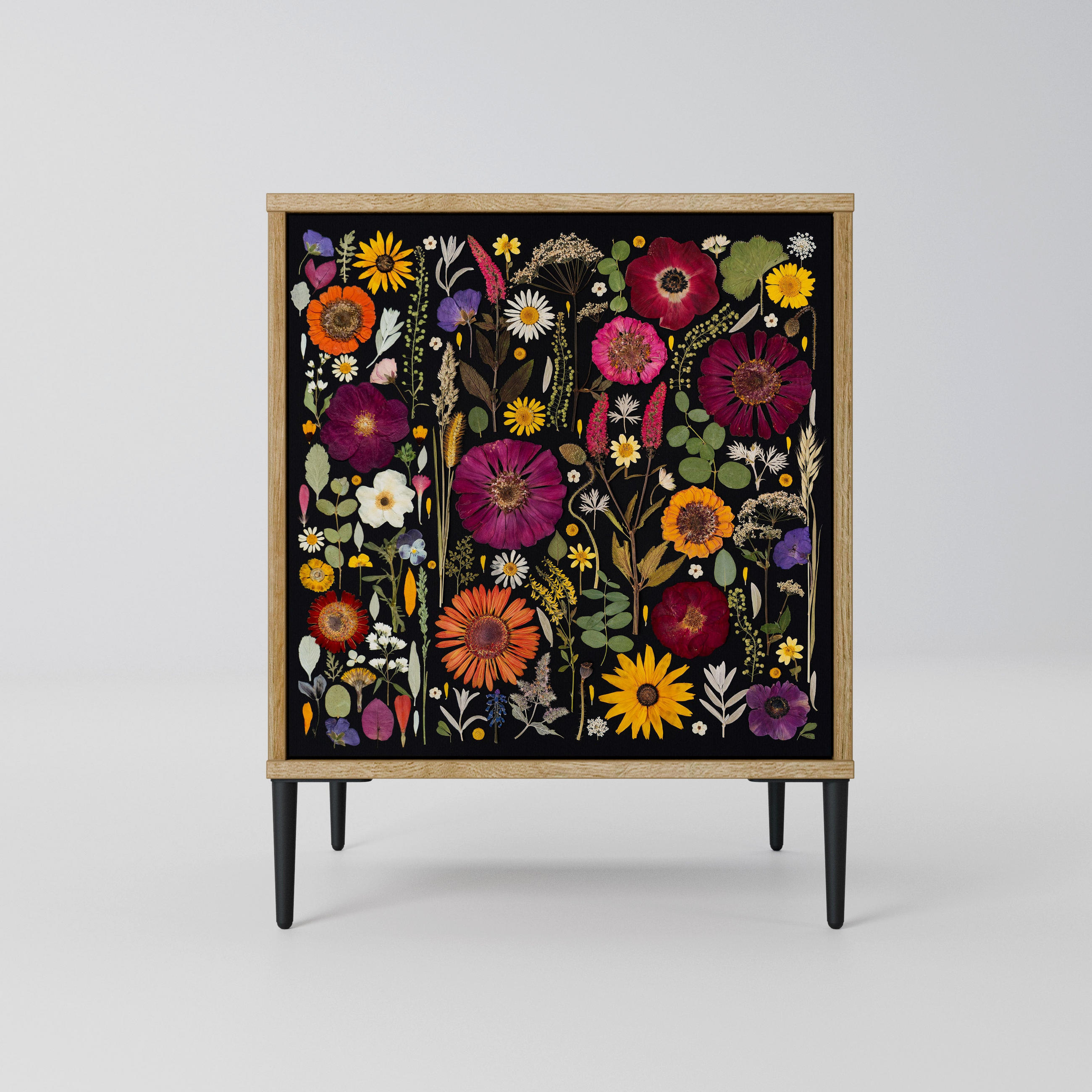 SIDEBOARD MIDNIGHT GARDEN, Eichefarben, 57,5x42x72,5 cm, Schwarze Metallfüße - Eichefarben/Multicolor, Holzwerkstoff/Metall (57.5/72.5/42cm) - SpaceRebels