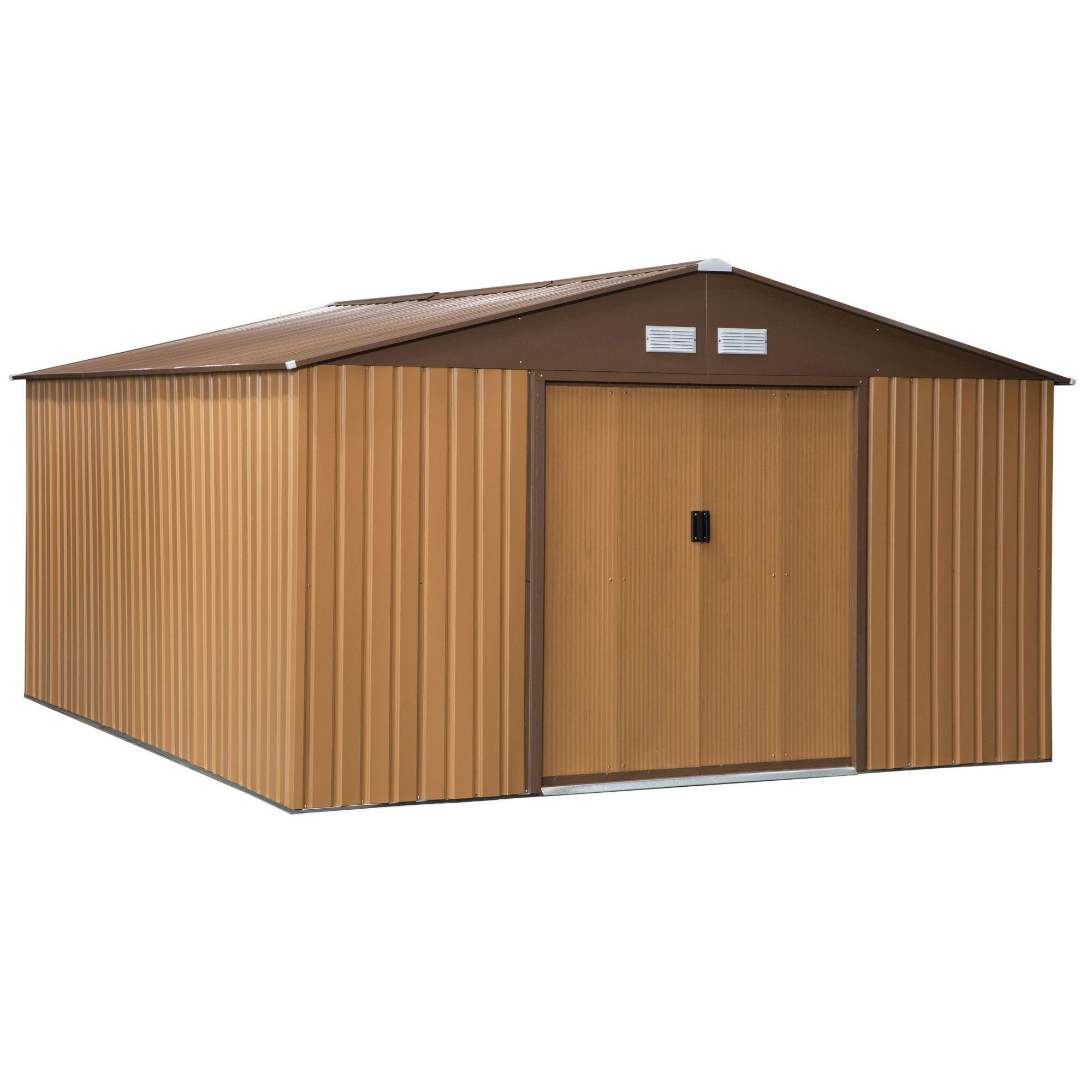 STAHL Gerätehaus mit Bodenplatte, 20m³ Geräteschuppen, Fahrradschuppen, Braun - Braun, Metall (386/200/340cm) - Outsunny