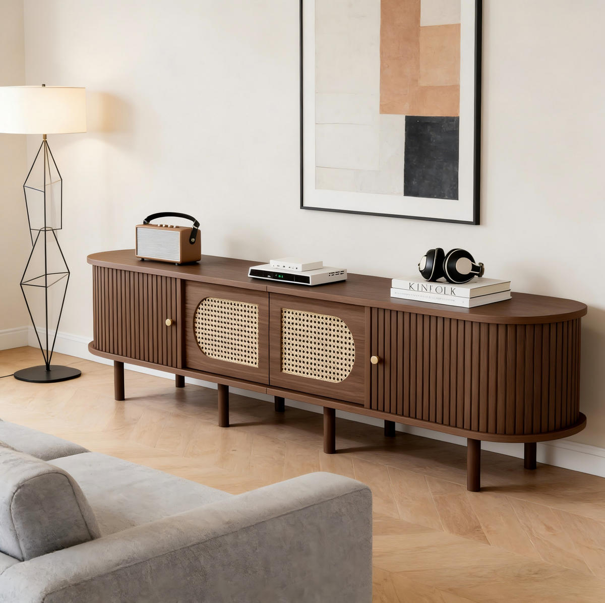 TV stolík 180/40/40 cm tmavý dub s ratanovým vzhľadom a posuvnými dvierkami z MDF - hnedá, kompozitné drevo (180/40/40cm) - OKWISH