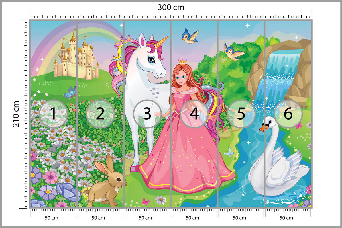 FOTOTAPETE für Kinderzimmer Prinzessin Einhorn Schloss Wasserfall Blumen 300x210 - Blau/Gelb, Papier (300/210cm) - Muralo