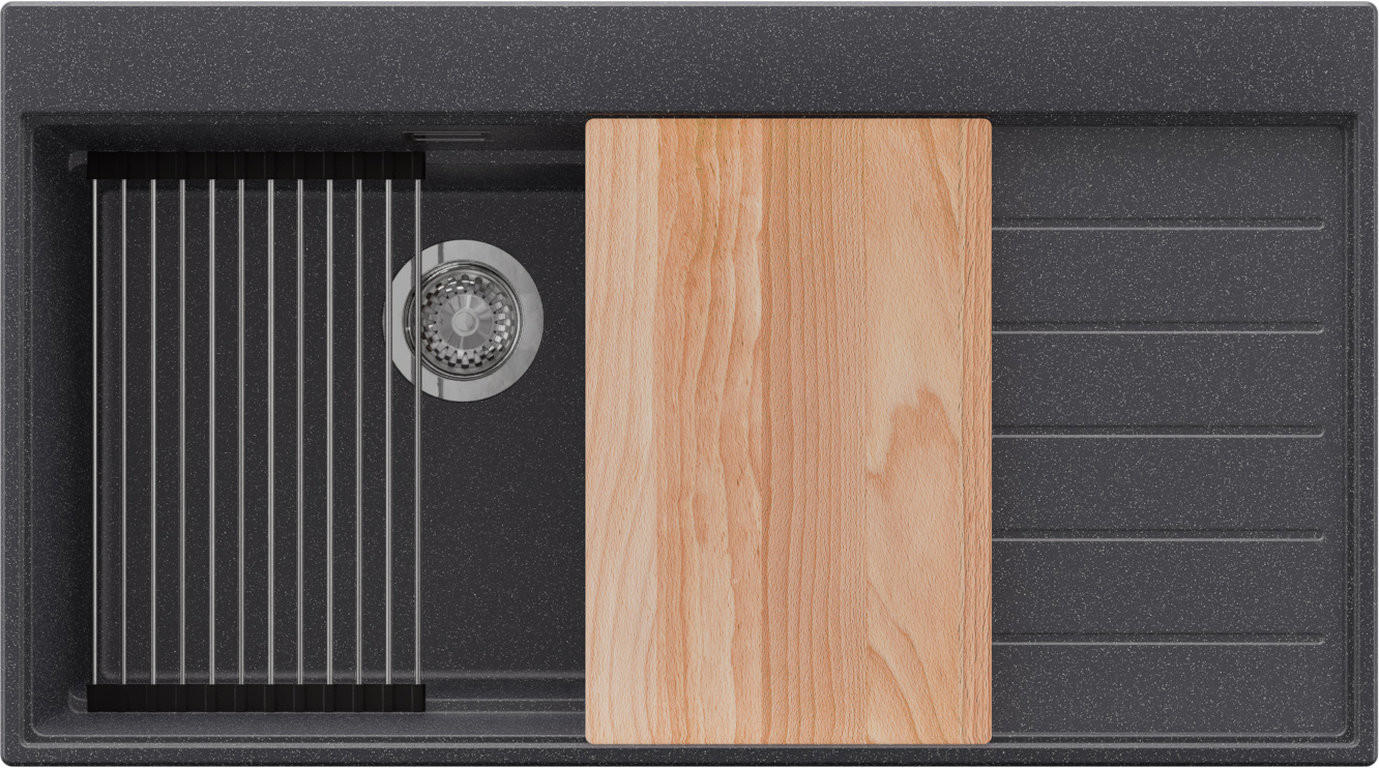 SPÜLBECKEN Sydney, 2-er set Anthrazit 90/50 cm 1 Becken + Ablauf-Set + Küchenzubehörset ab 60er Unterschrank - Chromfarben/Anthrazit, Kunststoff (90/20/50cm) - Primagran