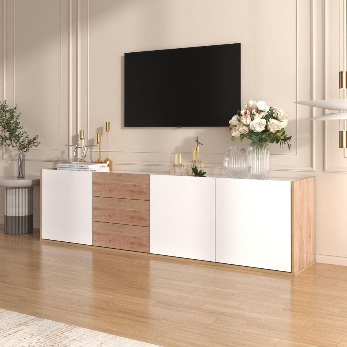 TV-SCHRANK mit drei Schubladen und Drei Türen, Weiß und Holzfarbe - Weiß, Holz (35/47/171.5cm) - KOMHTOM