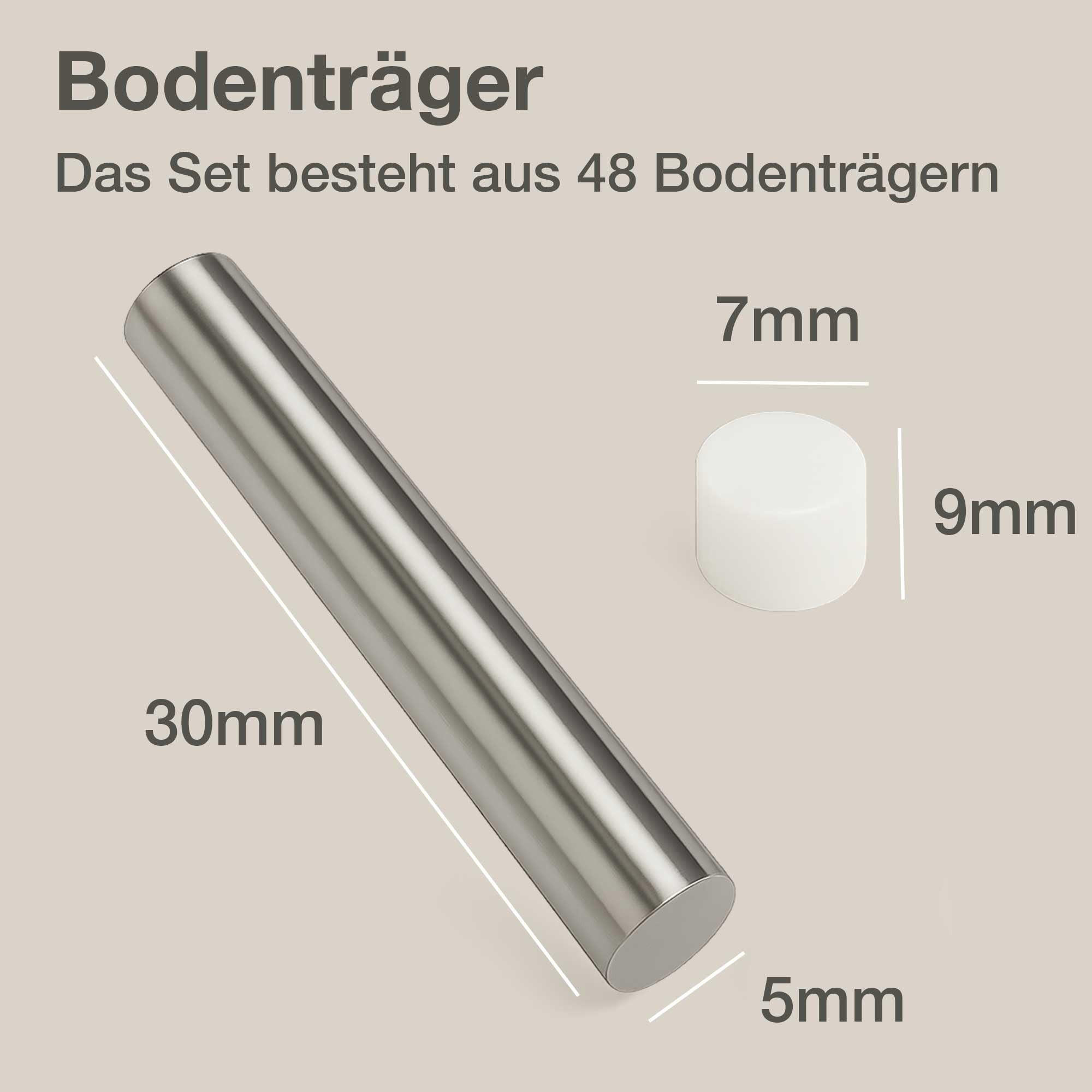 BODENTRÄGER 5x30 mm inkl Abdeckkappen für Glas und Holz - Silberfarben, Metall (0.3/0.5/1cm) - K-Möbel