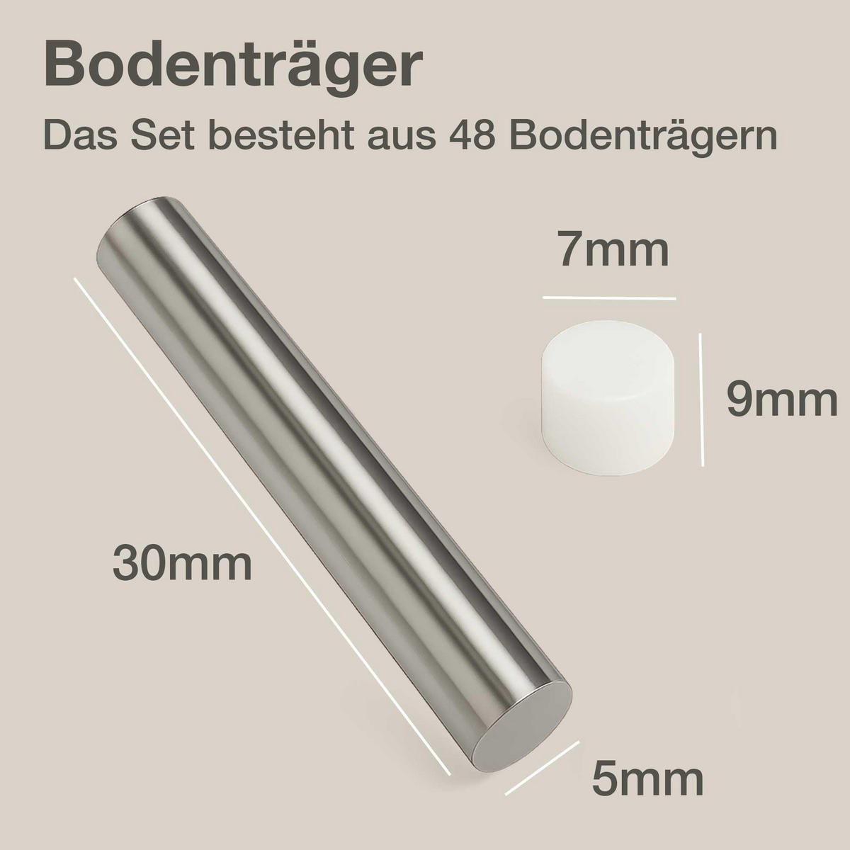 BODENTRÄGER 5x30 mm inkl Abdeckkappen für Glas und Holz - Silberfarben, Metall (0.3/0.5/1cm) - K-Möbel