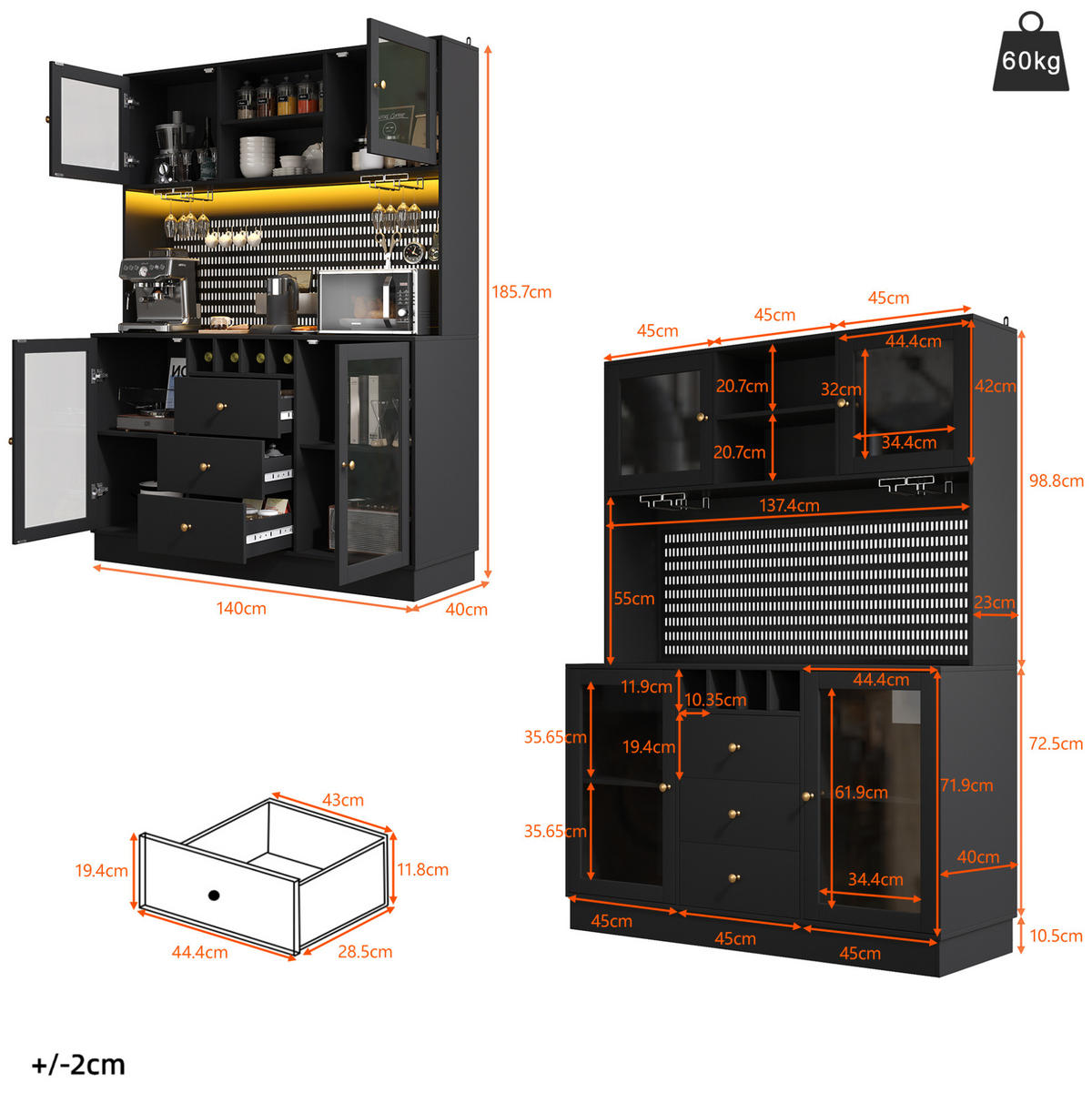 BUFFET 140/185,7/40 cm Schwarz aus MDF und Glas mit LED-Beleuchtung - Schwarz, Holzwerkstoff (40/185.7/140cm) - OKMYHOME