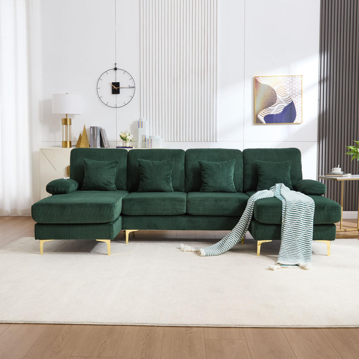 U-FORM Wohnlandschaft Samt mit LED und USB-Anschluss 265/135/88 cm Smaragdgrün - Smaragdgrün, Textil (135/88/265cm) - Redom
