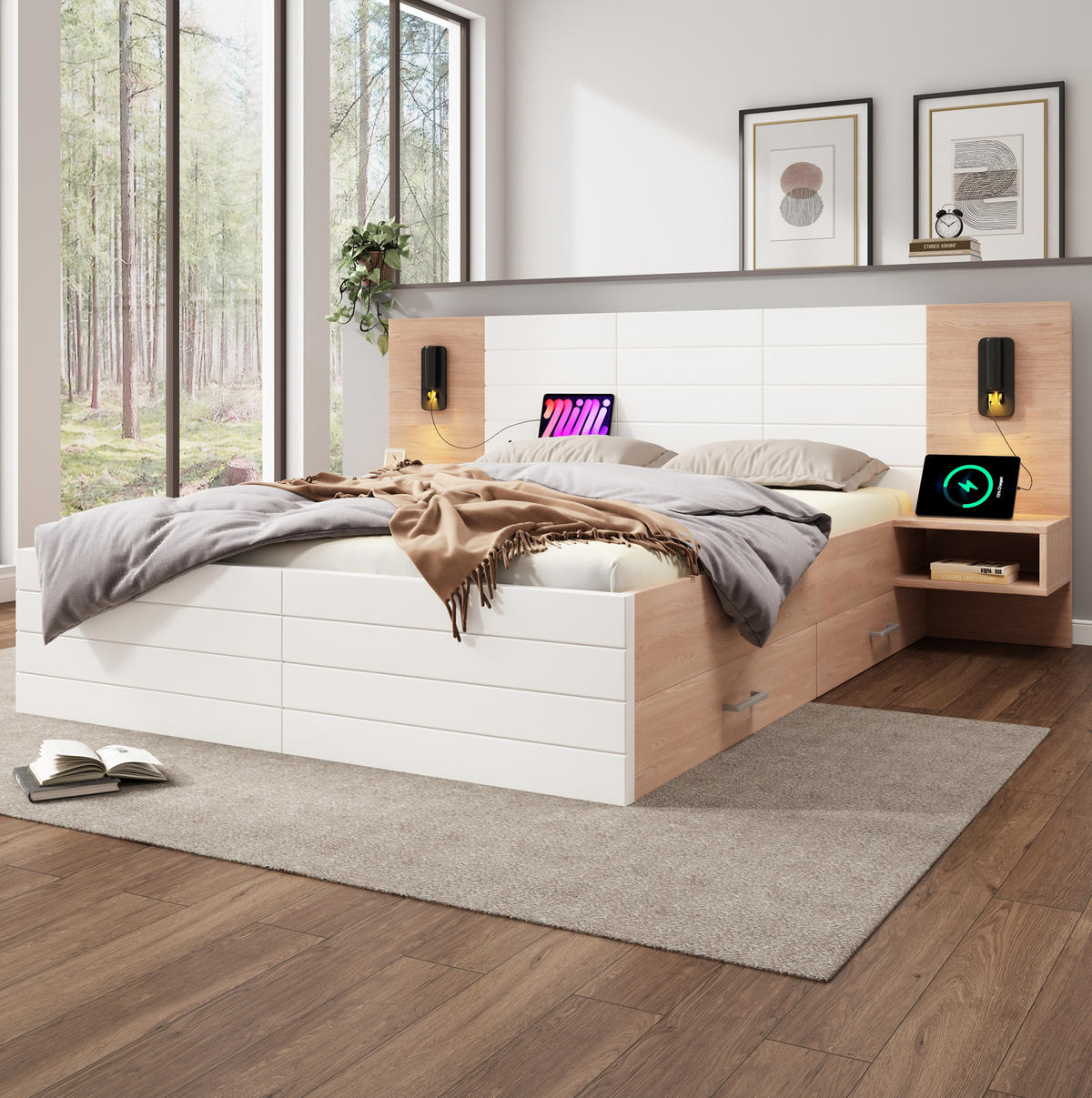 BETT 160/200 cm mit 2 Schubladen, Leselicht & USB, Massivholz/MDF, Weiß/Eiche - Weiß, Holzwerkstoff (160/200cm) - Redom