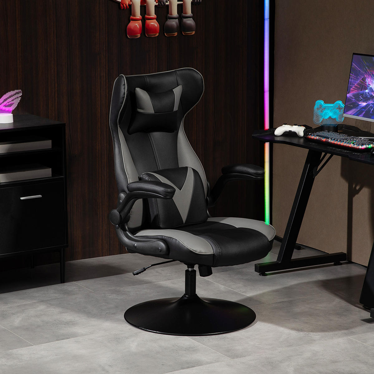 GAMING Stuhl mit Wippenfunktion, ergonomischer Computerstuhl, höhenverstellbar - Grau, Kunststoff (71/112/67cm) - Vinsetto