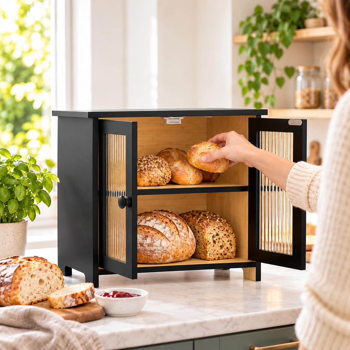 BROTKASTEN Schwarz Bambus 2 Etagen Sichtfenster - Schwarz, Holz/Kunststoff (36/34/22cm) - Relaxdays