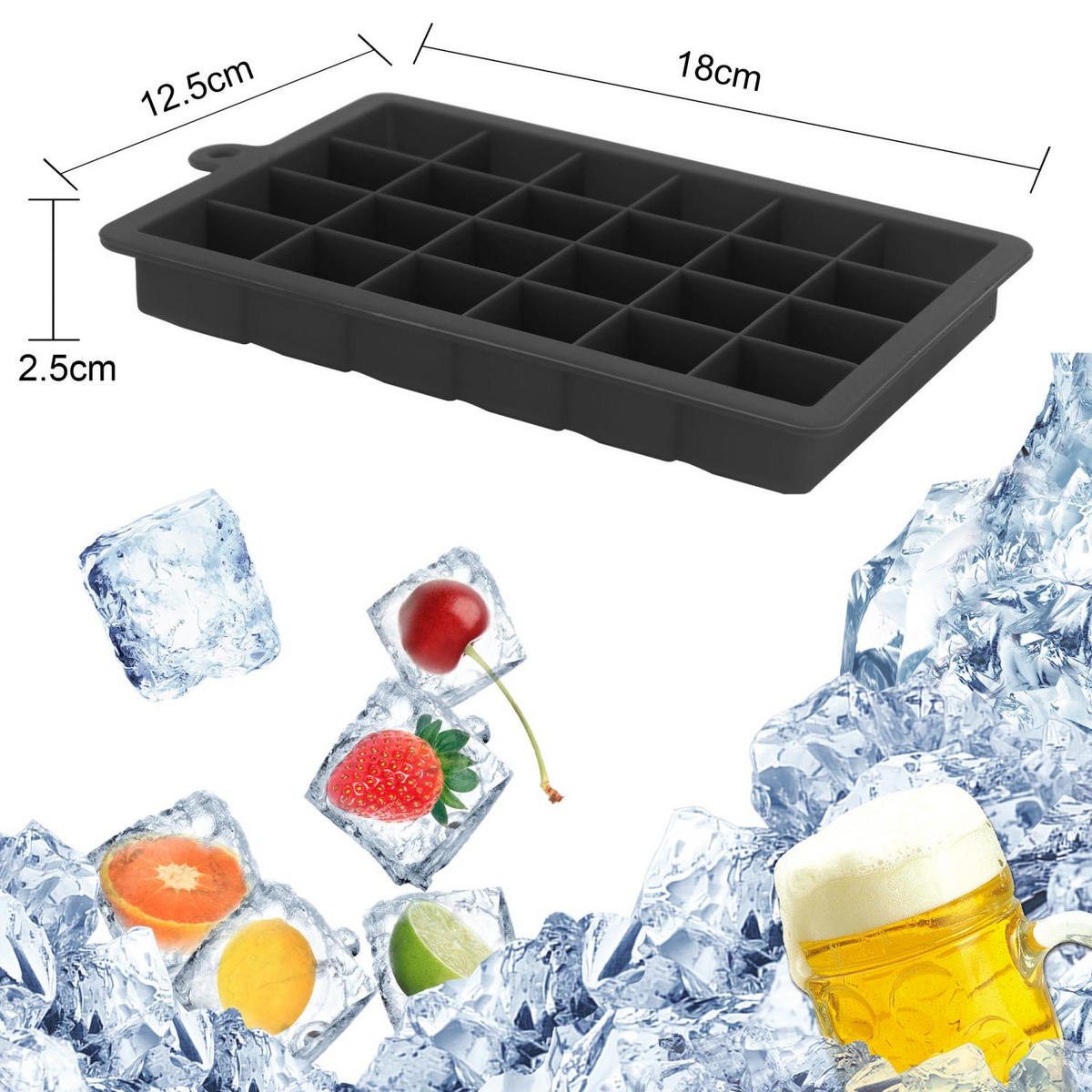 EISWÜRFELFORM 2er Set - Schwarz, Kunststoff (13/2.5/18cm) - Intirilife