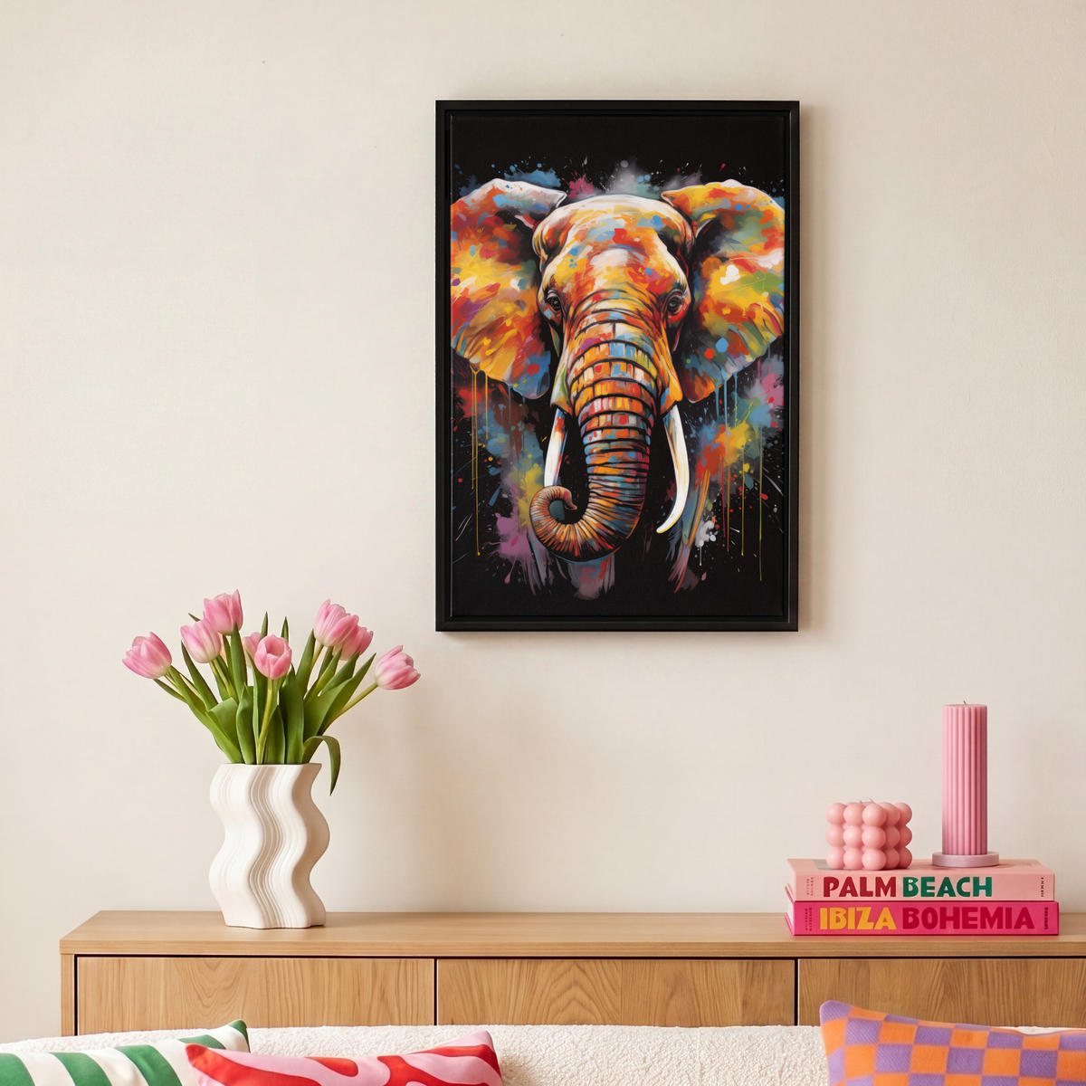 LEINWAND Bilder mit Rahmen - Elefant - Graffiti - Schwarz - Tiere - Farben - 20x30 - Schwarz, Textil (20/30cm) - MuchoWow
