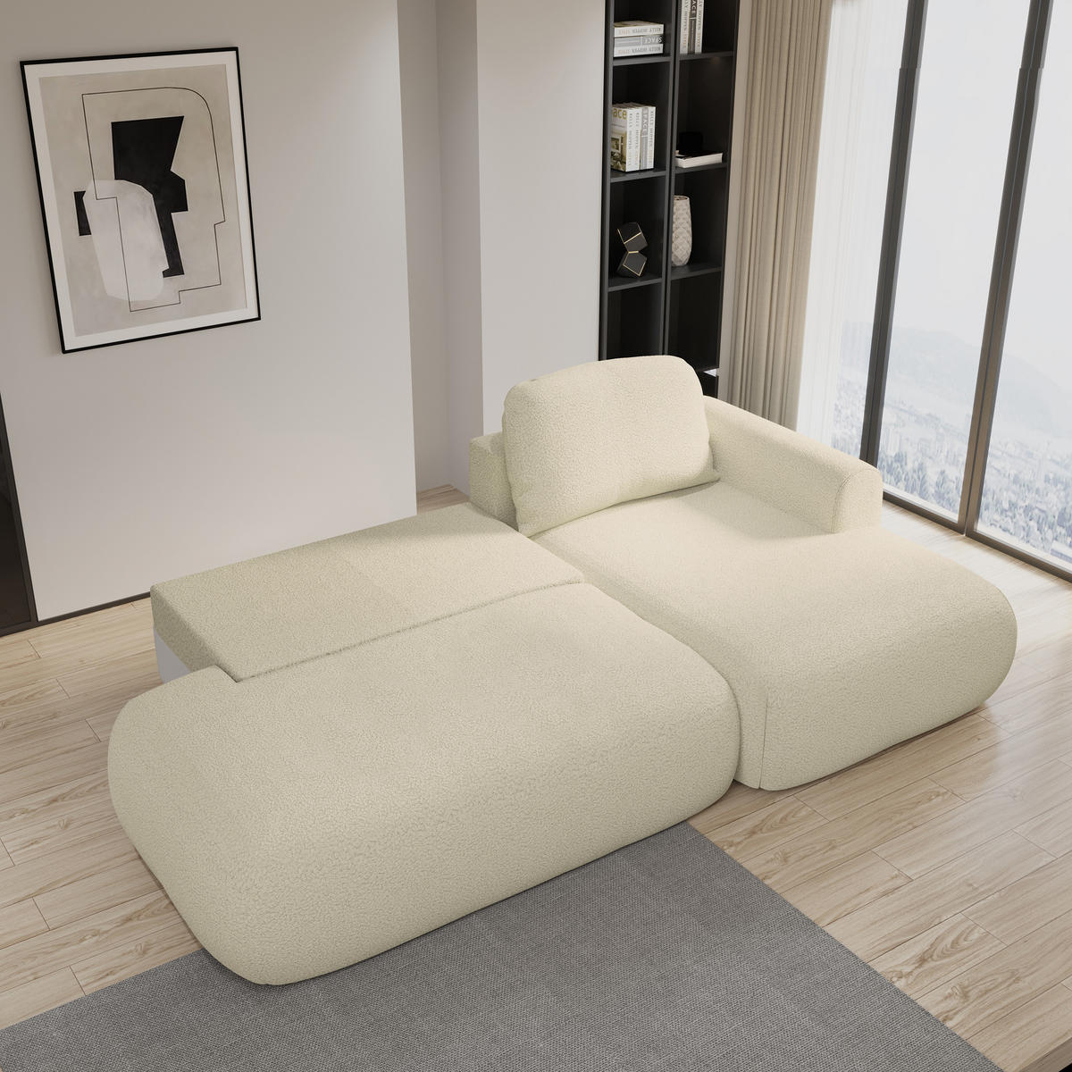 ECKSOFA NUVIRA R-S Creme Boucle-Stoff mit Schlaffunktion - Creme, Holz (274/165cm) - MASSENO