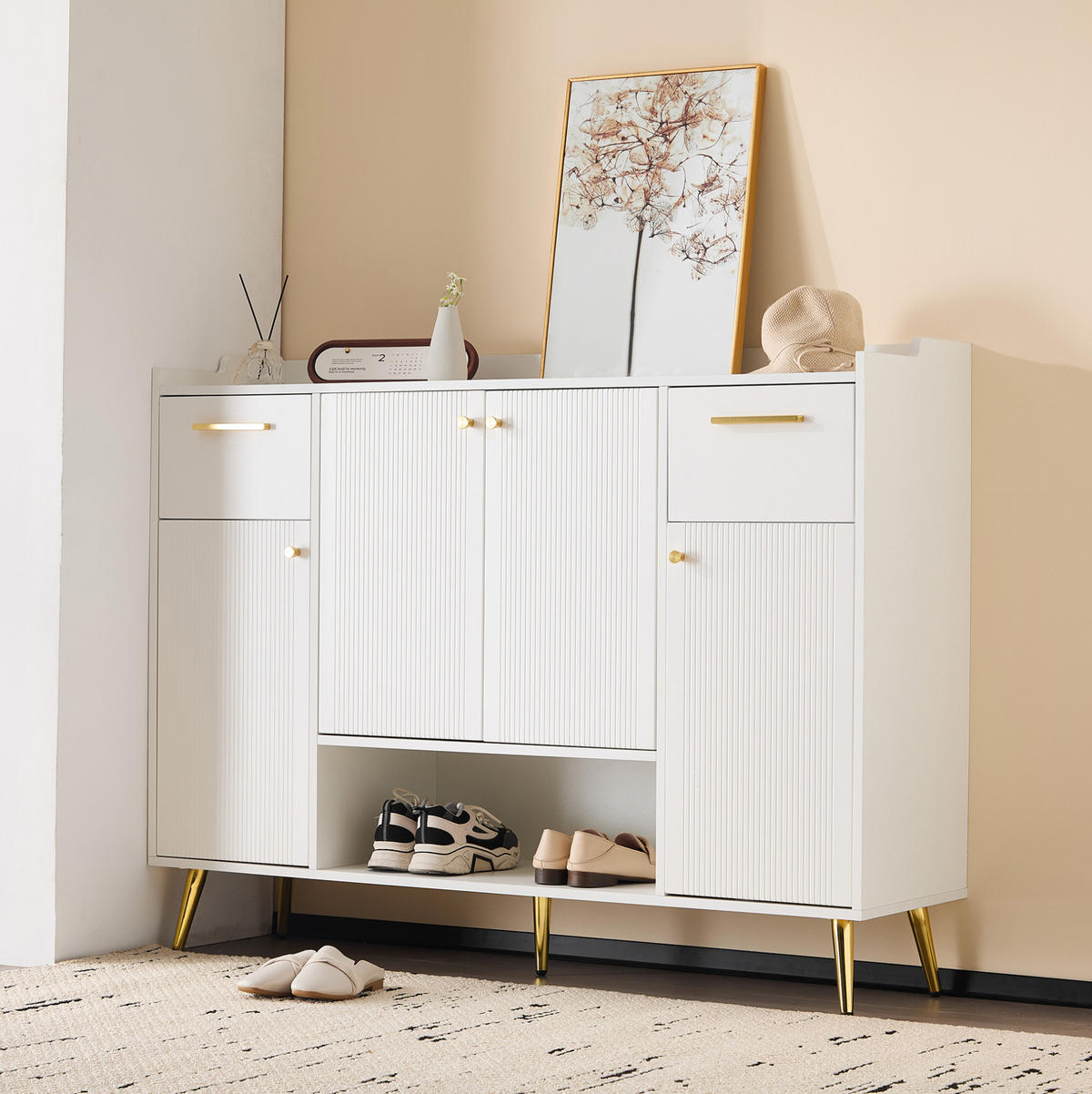 SCHUHSCHRANK 130/37/100 cm aus Spanplatte mit 2 Schubladen, 4 Türen und offenem Fach, Weiß - Weiß, Holzwerkstoff (130/100/37cm) - Redom