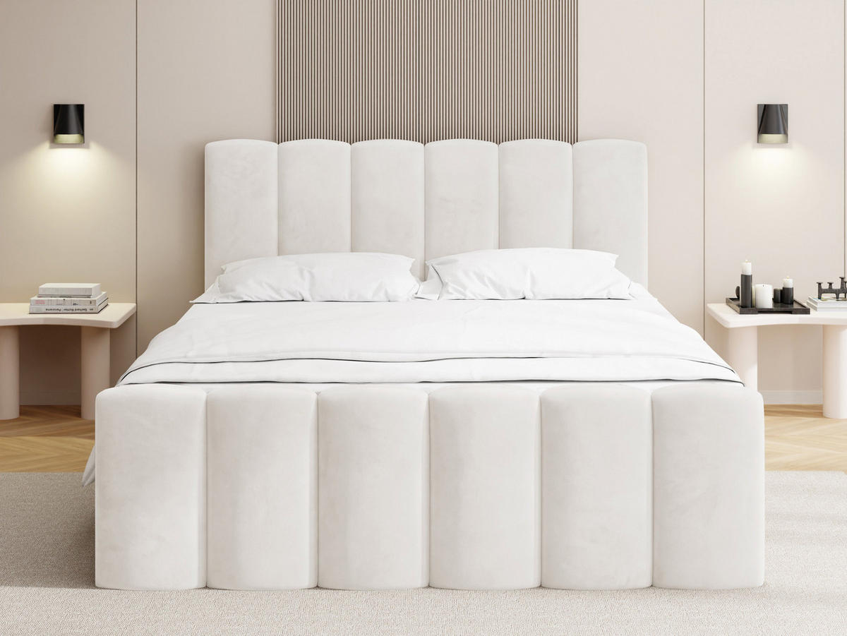 BOXBETT Serenity mit Bettkasten, Samt Creme 120x200 cm – inkl. H4 Taschenfederkern Matratze & Foam Topper - Beige/Creme, Holz/Holzwerkstoff (120/200cm) - WFL GROUP