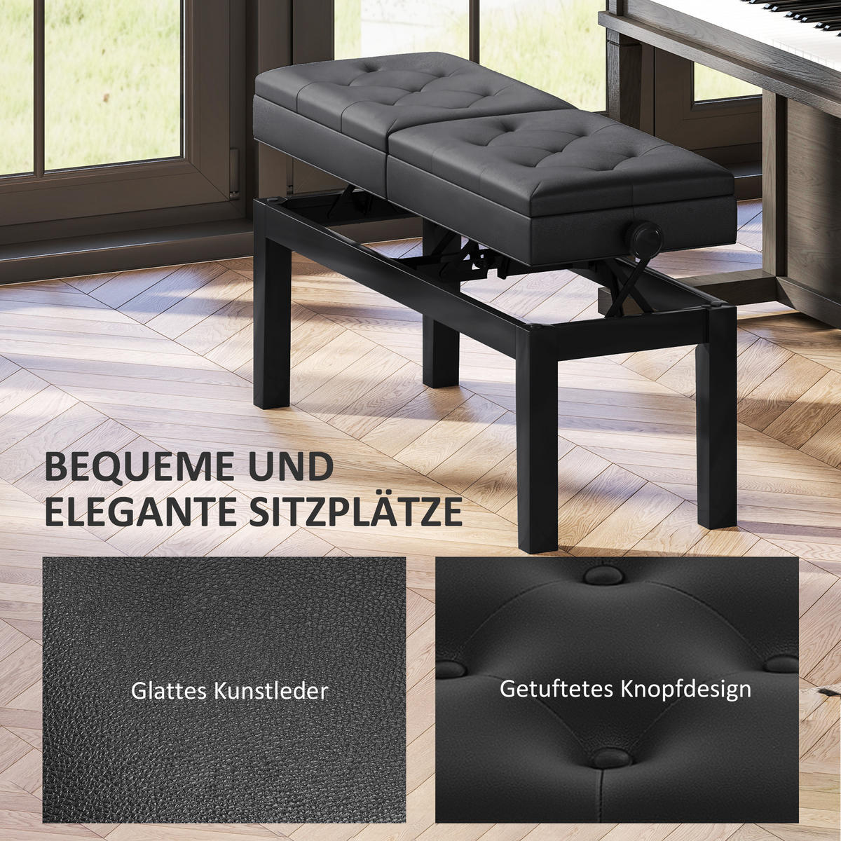 KLAVIERBANK DE-07143 verstellbarer Doppelsitz, Stauraum, bis 220 kg Schwarz - Schwarz, Holz (37/58/105cm) - ComfortXL
