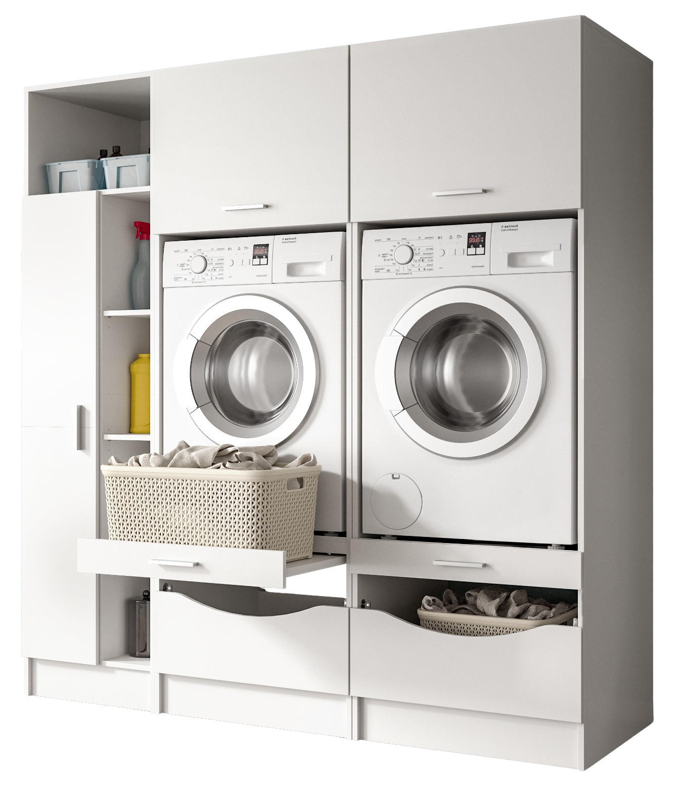 WASCHMASCHINENSCHRANK weiß Set 3-teilig, Waschmaschinenumbau 182 cm mit viel Stauraum - Silberfarben/Weiß, Glas/Holzwerkstoff (182/195/68cm) - Inn.Furn