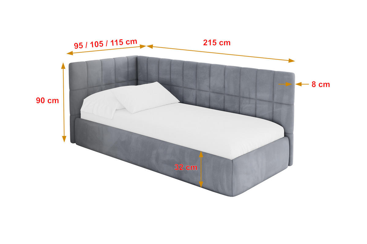EINZELLBETT Jugendbett mit Bettkasten und Matratze H3/H4, Rechts - TULY 90x200 Grau - Blaugrau, Holzwerkstoff/Textil (90/200cm) - ALTDECOR