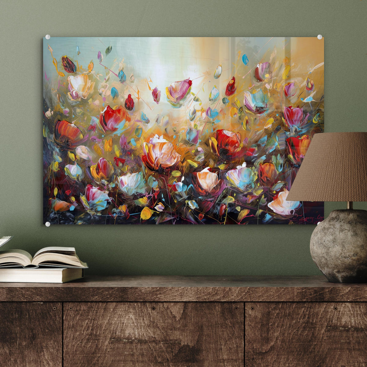 ACRYLGLASBILD Blumen - Kunst - Natur - Ölgemälde 60x40 cm - Multicolor, Glas (60/40cm) - MuchoWow