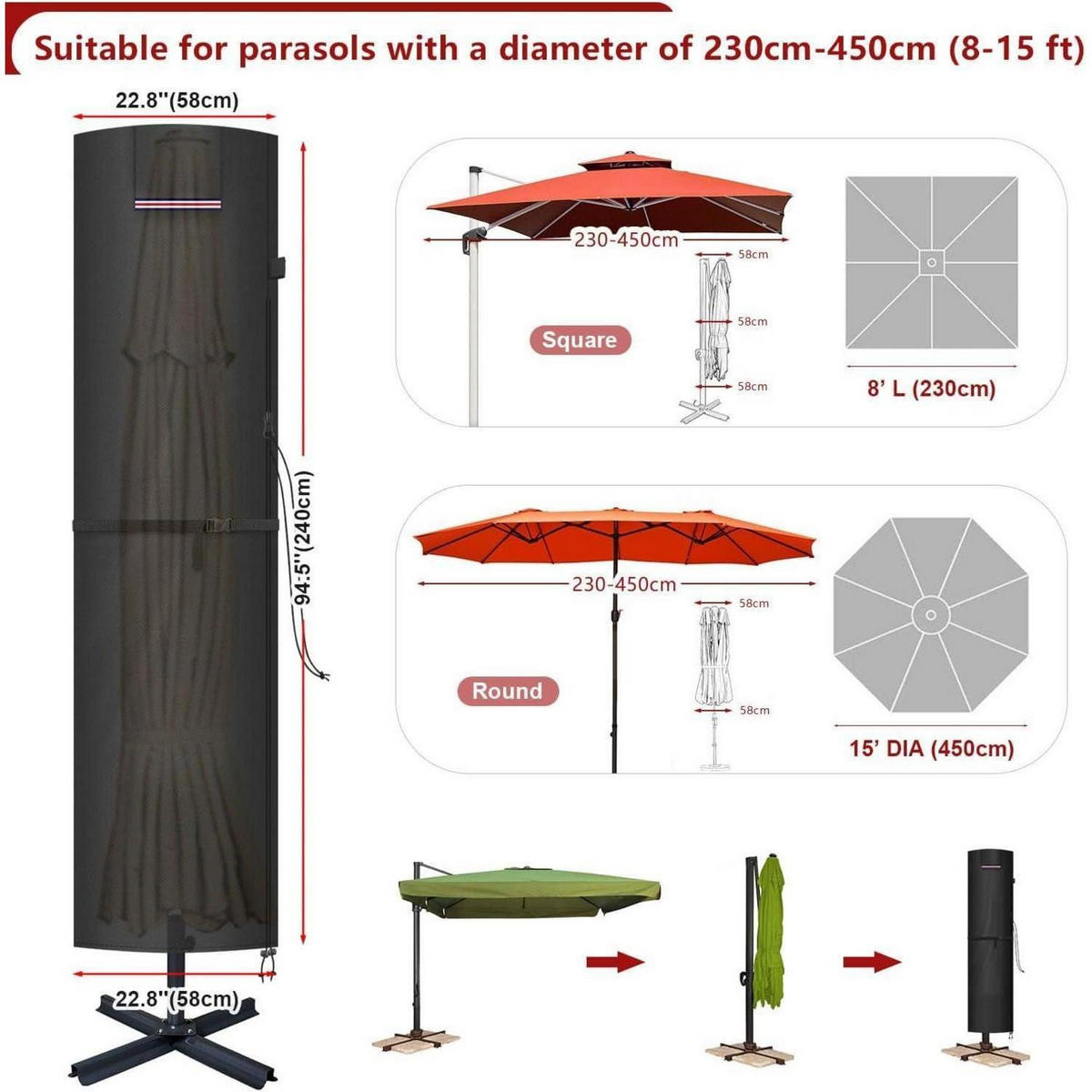 SONNENSCHIRMHÜLLE Ampelschirm Abdeckung 240 cm Wasserdicht Winddicht - Schwarz, Textil (1/1/1cm)