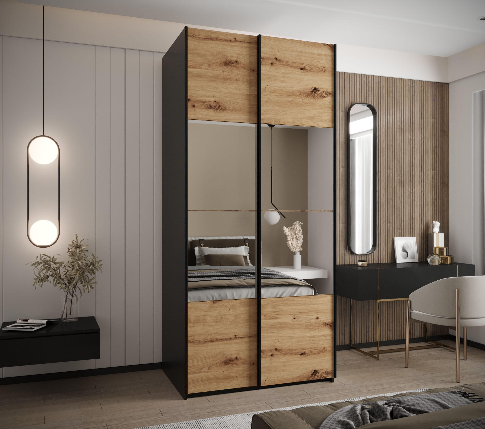 SCHWEBETÜRENSCHRANK 245,5/120/64 2-türig - Schwarz/Eiche Artisan, Holz/Metall (120/245/64cm) - Abiks Möbel