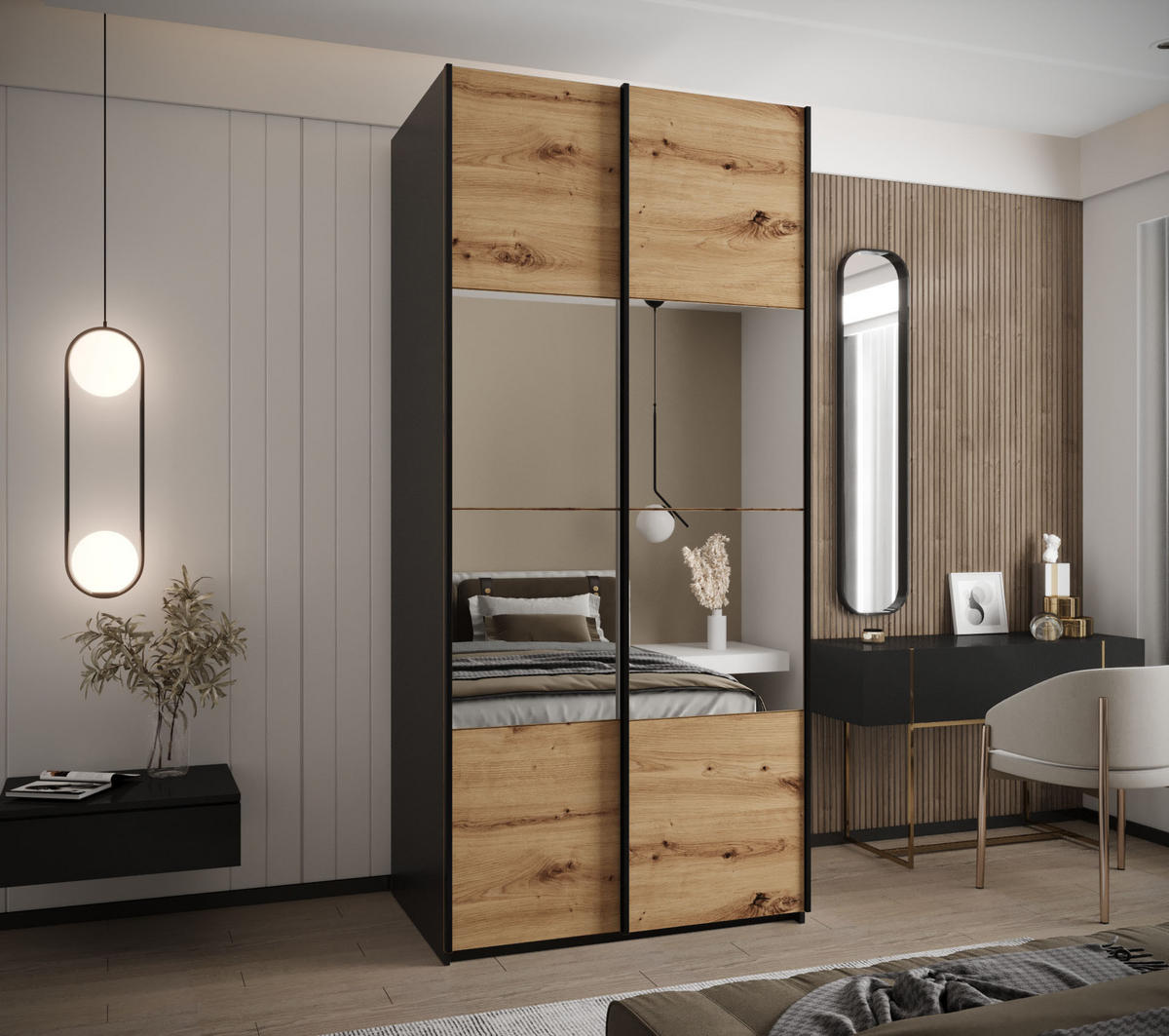 SCHWEBETÜRENSCHRANK 245,5/120/64 2-türig - Schwarz/Eiche Artisan, Holz/Metall (120/245/64cm) - Abiks Möbel