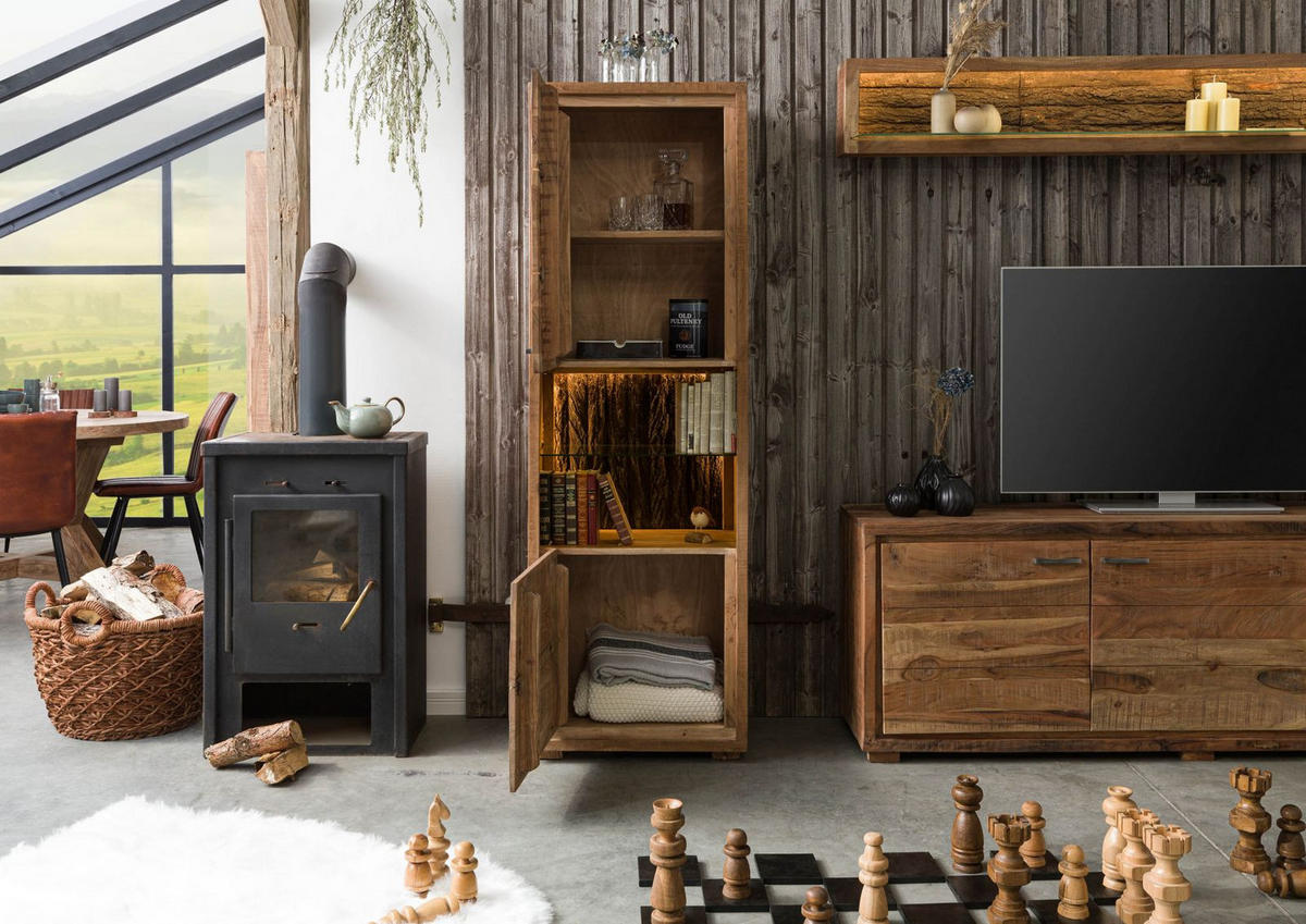 VITRINE Akazie 58x40x180 natur lackiert BARK #102 - Braun, Holzwerkstoff (58/180/40cm) - Massivmoebel24