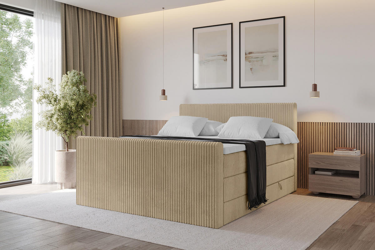 BOXSPRINGBETT mit Matratze H3|H4 und Lattenrost - TOLO-Z KING 140x200 Cord - Beige - Beige, Holzwerkstoff (140/200cm) - ALTDECOR