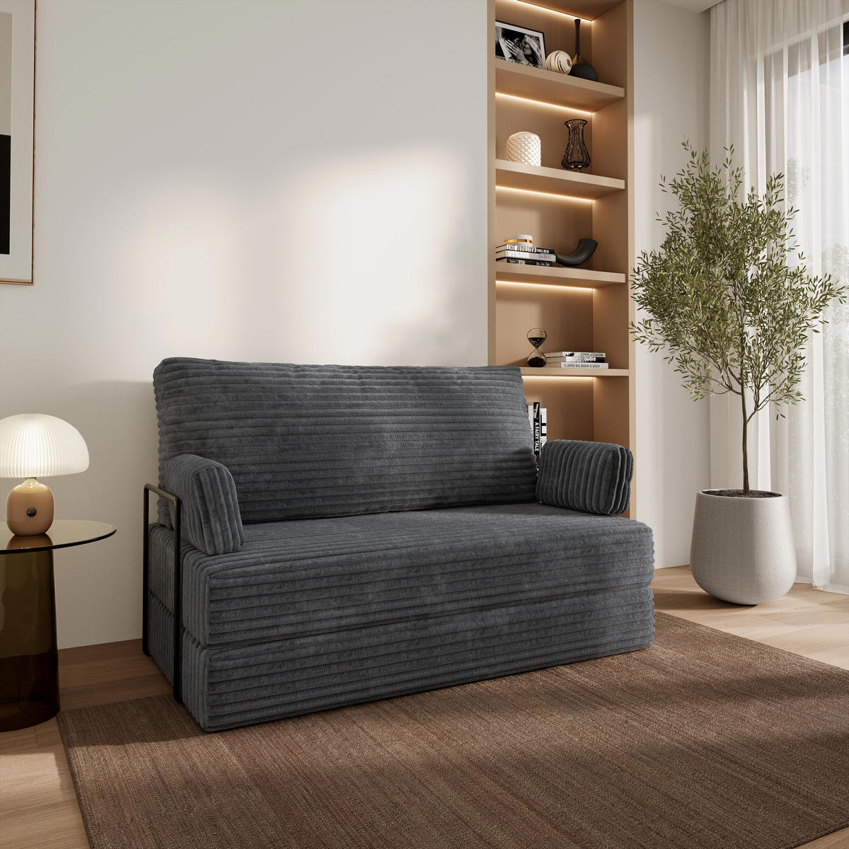 BETTSOFA LADIA aus Schaumstoff Cordstoff Grau Schlaffunktion - Dunkelgrau, Textil (140/86/60cm) - MASSENO