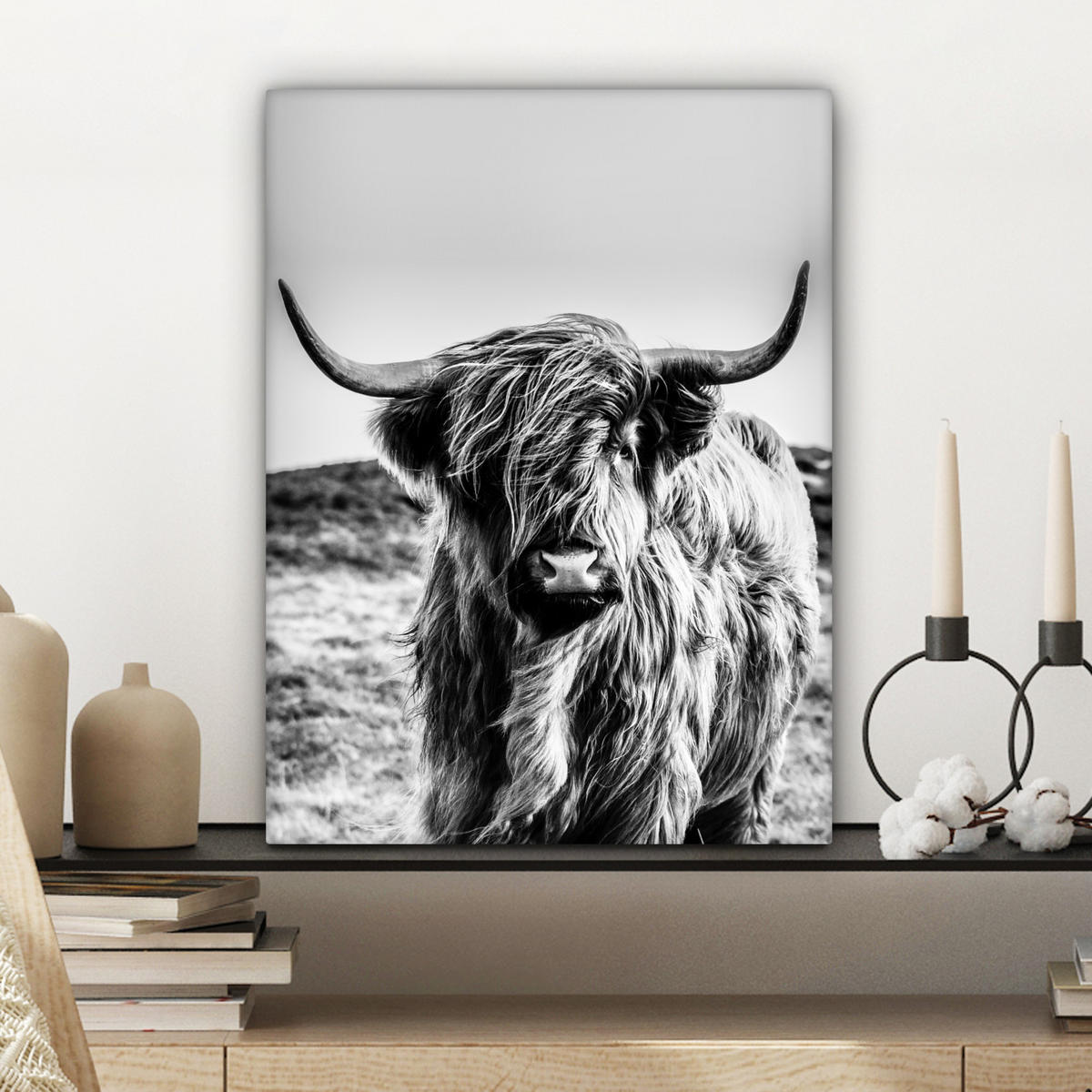 OBRAZ NA PLÁTNĚ Kráva - Skotský horal - Černá - Bílá - Zvíře - Příroda - Divoká zvěř 30x40 cm - černá, textil (30/40cm) - MuchoWow