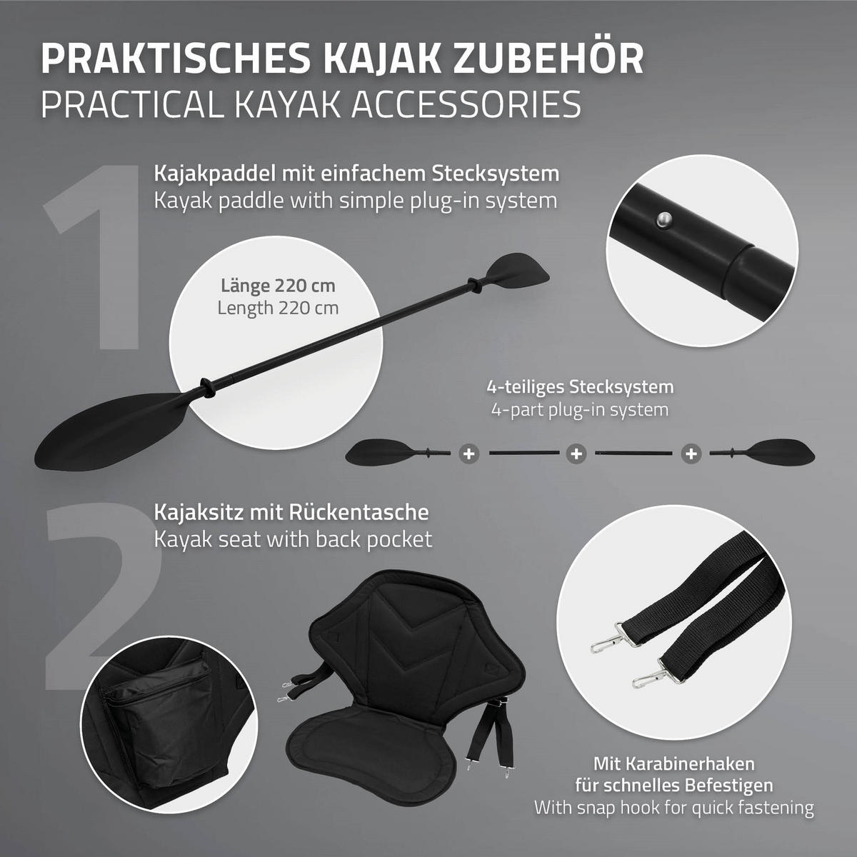 KAJAK SITZ mit Paddel Set - Schwarz, Kunststoff (29/44/43cm) - ECD-Germany