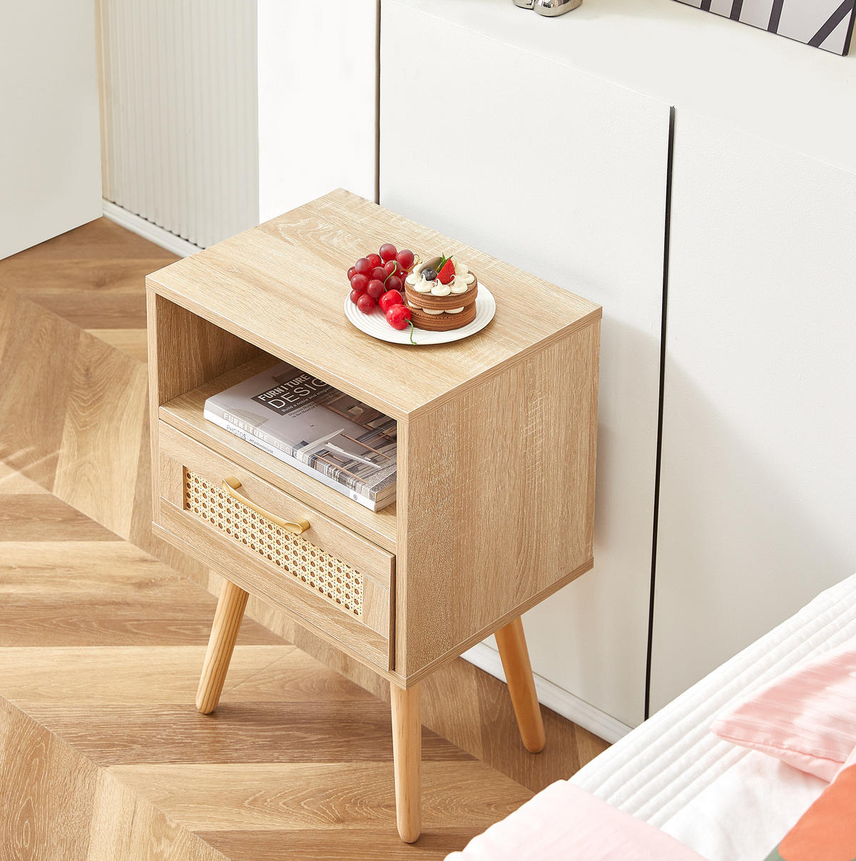 NACHTTISCH 30/40/55 cm natur aus MDF mit Rattanfront und Schublade - Hellbraun, Holzwerkstoff (30/55/40cm) - OKWISH
