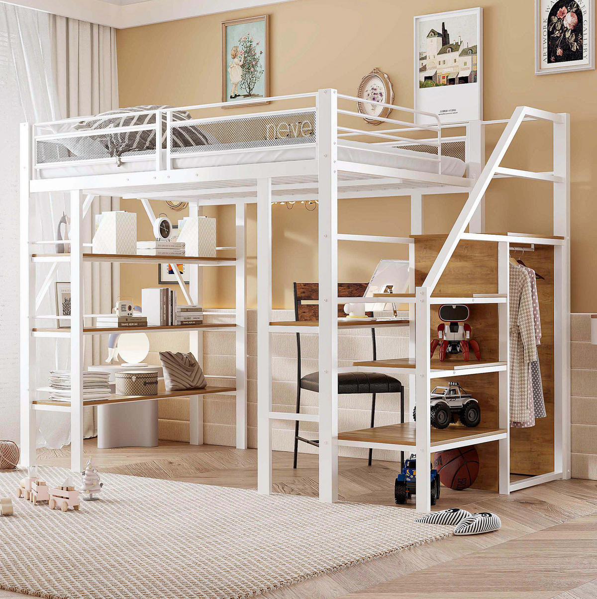 HOCHBETT 140/200 cm in Weiß mit Schreibtisch, Regal, Kleiderschrank und Treppe - Weiß, Metall (140/200cm) - Flora Grace