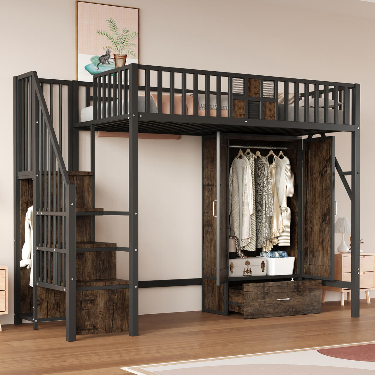 HOCHBETT 90/200 cm in Schwarz mit Stauraumleiter und Kleiderschrank - Schwarz, Metall (90/200cm) - BEAOK