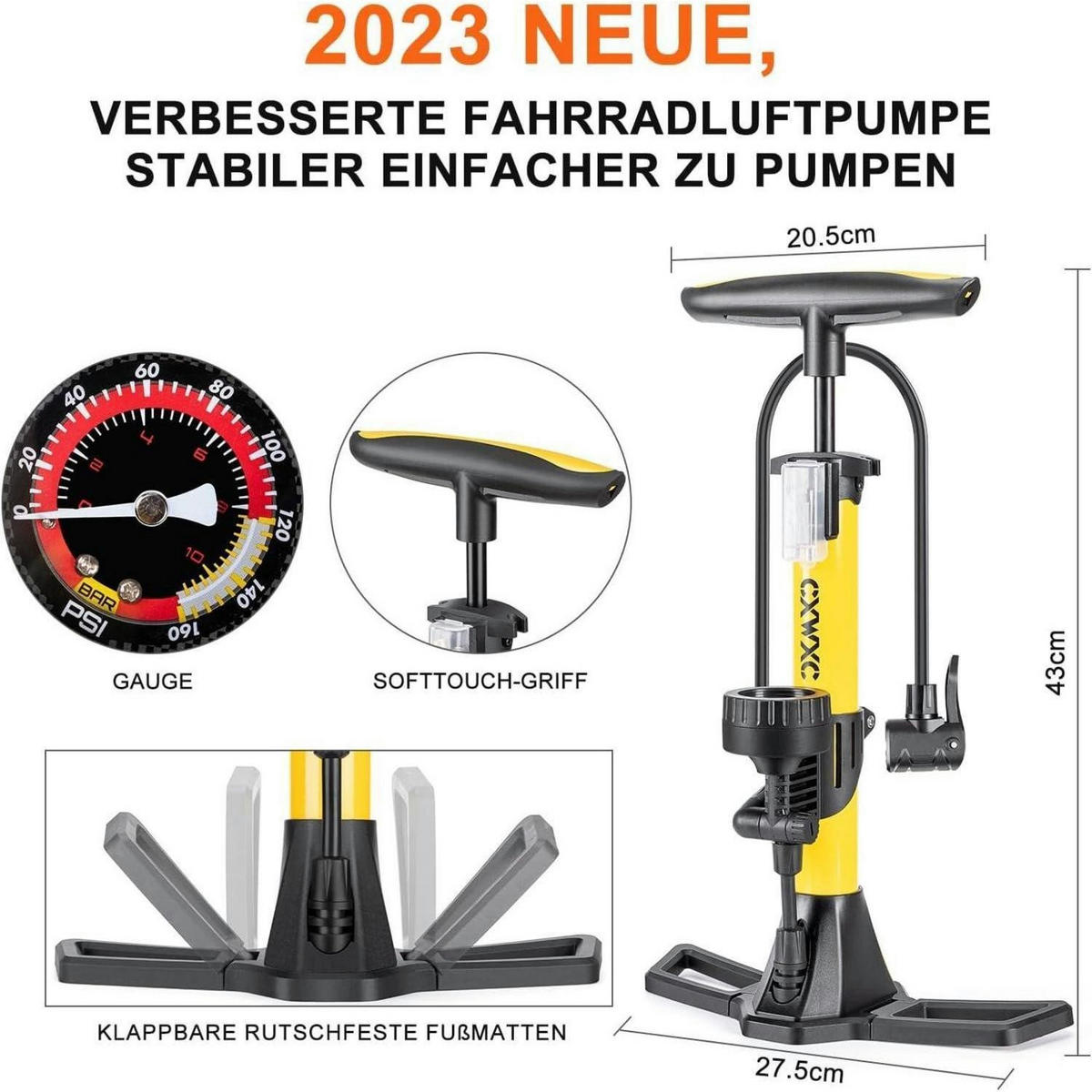 FAHRRADPUMPE mit Manometer für alle Ventile, 11 Bar - Gelb, Metall (8.2/44/21cm)