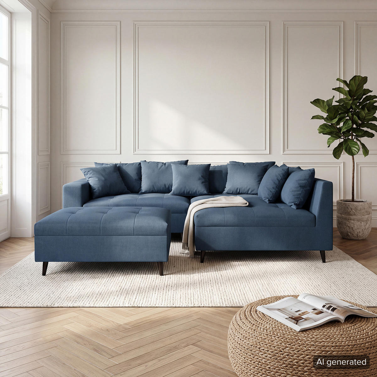 ECKSOFA mit Hocker - Dunkelblau, Holz/Birkenholz (247/174cm) - home24