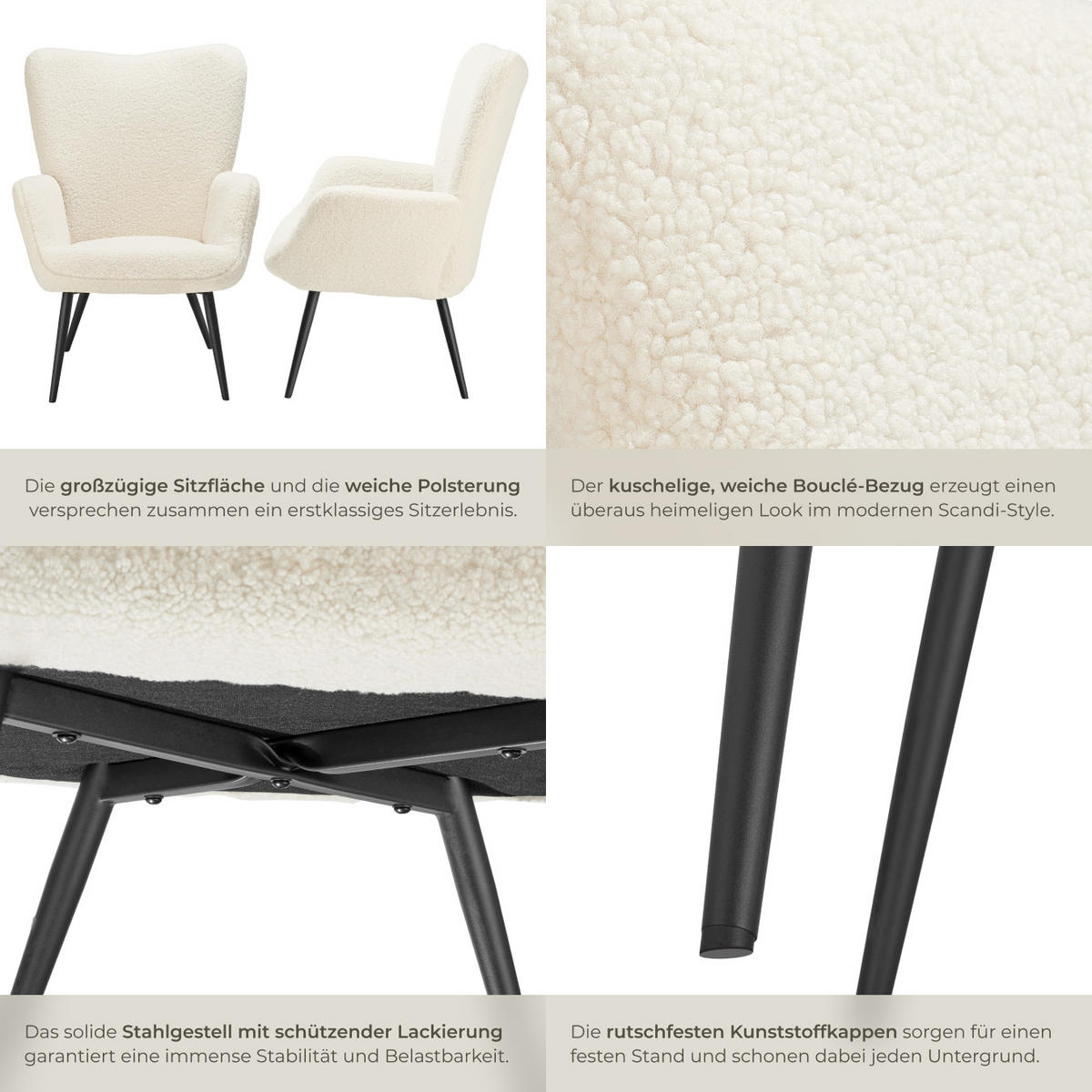 SESSEL Hygge,72 x 76 x 100,5 cm,Bouclé creme/schwarz - Creme/Schwarz, Kunststoff (72/100.5/76cm) - tectake