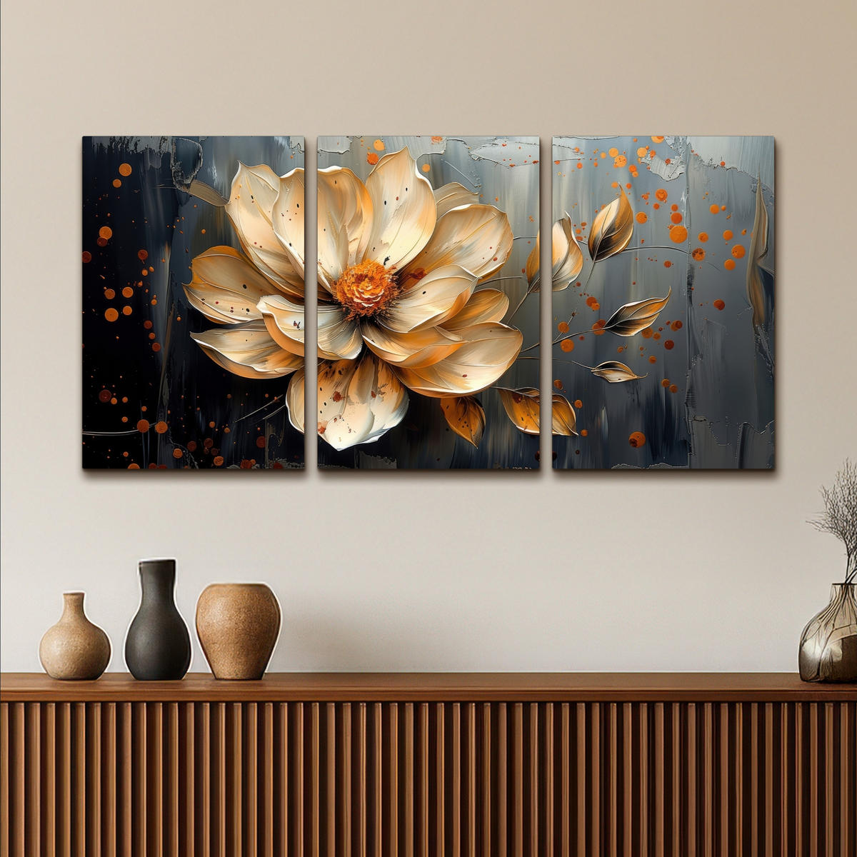 LEINWANDBILD 3er Set Blume - Gold - Abstrakt - Farbe 120x60 cm - Creme, Textil (120/60cm) - MuchoWow