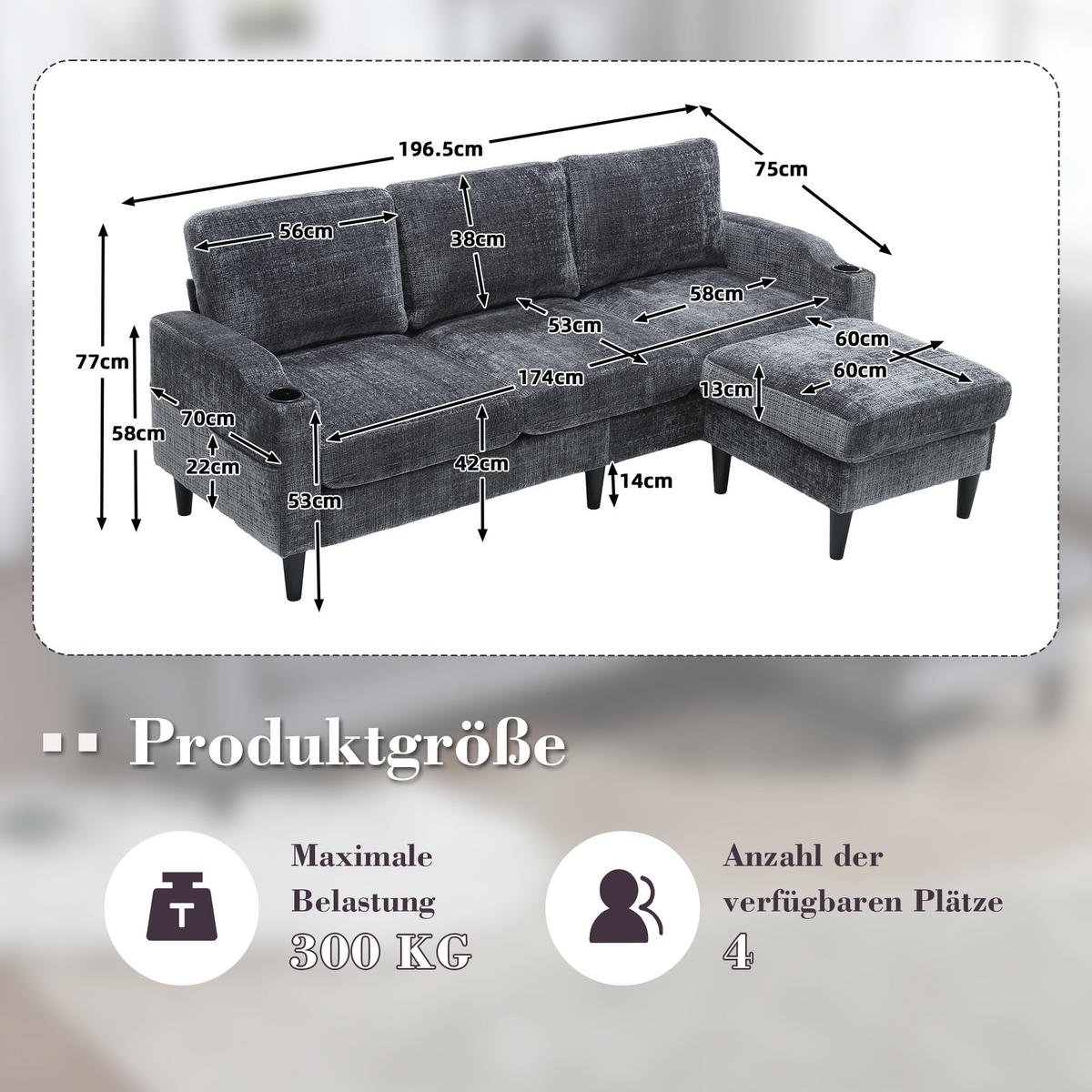 SITZGARNITUR 4-SITZER Chenille Grau mit Stauraum - Grau, Holzwerkstoff/Kunststoff (196.5/77/75cm) - WISHDOR