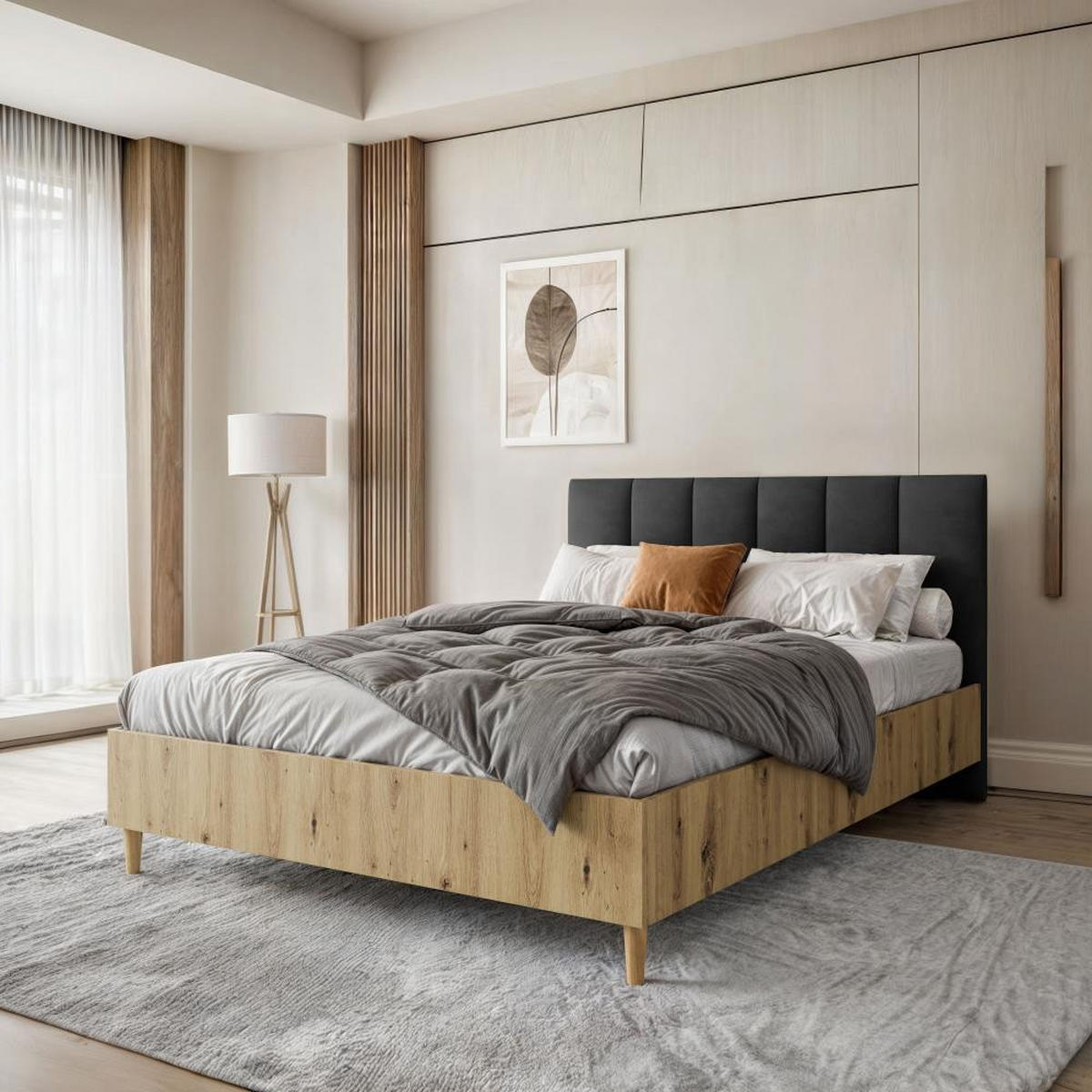 POLSTERBETT Lectus 166/211/108 eiche Artisan/schwarz - Schwarz/Eiche Artisan, Holzwerkstoff/Textil (160/200cm) - Beautysofa