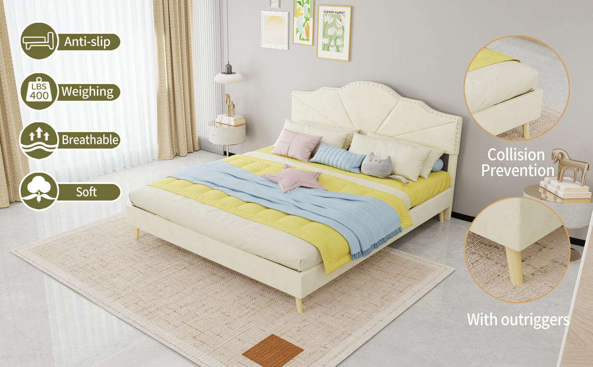 POLSTERBETT 160/200 cm mit Matratze, geometrischem Kopfteil und Lattenrost, Beige - Beige, Textil (160/200cm) - Redom