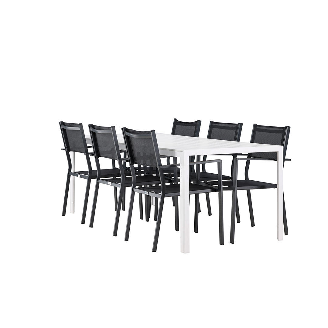 GARTENSET, Break, Tisch Weiß, Stühle Schwarz, Metall / Stoff, 90 x 205 x 75 cm, 7-teilig - Weiß, Metall - ebuy24
