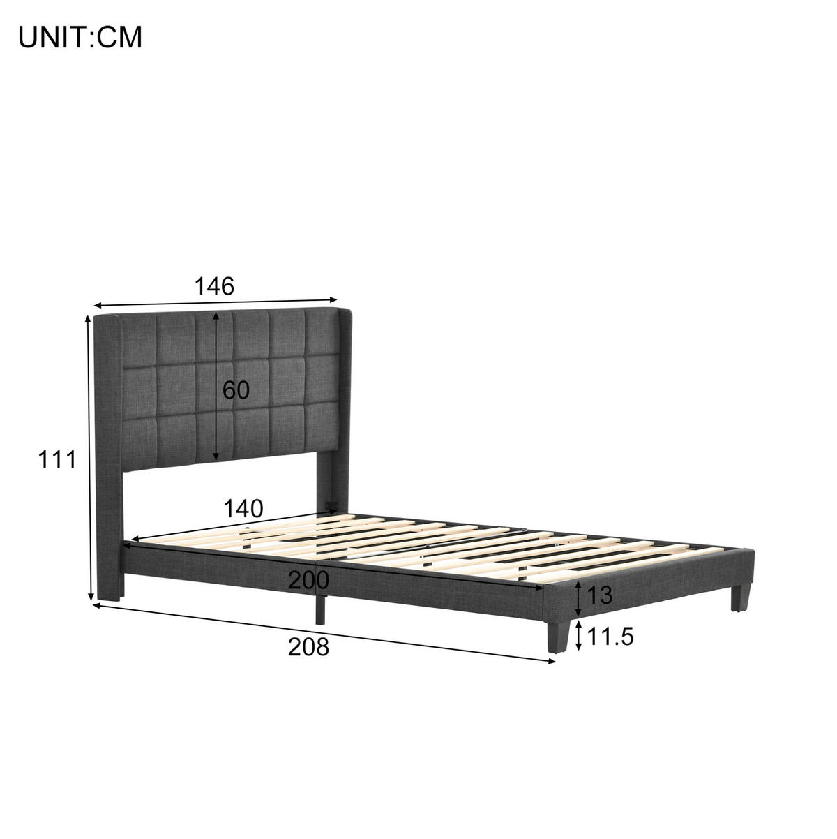 ČALÚNENÁ posteľ 140/200 cm s lamelovým roštom a federkern matracom, mäkkým vysokým čelom a stabilnou konštrukciou, Sivá - sivá, textil (140/140cm) - Redom