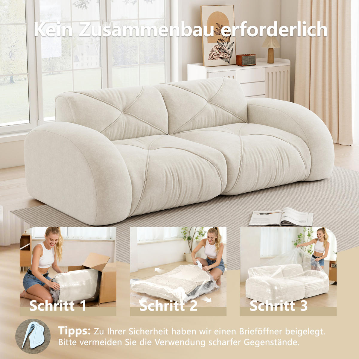 2-SITZER-MODULSOFA rahmenlos mit 32D-Schaumstoff und Chenille-Bezug, Weiß - Weiß, Textil (204/76/95cm) - Redom