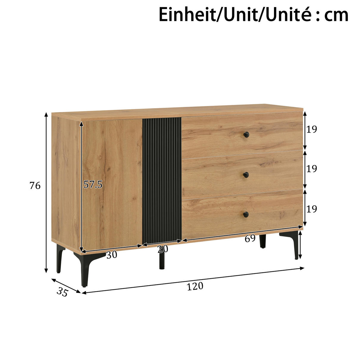 SIDEBOARD 120/35/76 cm aus Holzwerkstoff mit 1 Tür, 3 Schubladen und Metallfüßen Natur/Schwarz - Schwarz, Holzwerkstoff (120/76/35cm) - Modenvie