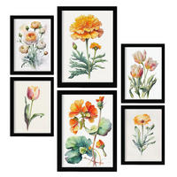 POSTER Set Mit 6 Orangefarbene Blumen Vollfarbige Natur Und Botanikdrucke Mit Blumenmotiven Auf Reinweißen Hintergründen A3 & A4 Schwarzer Rahmen - Schwarz, Papier (29/3cm) - Nacnic