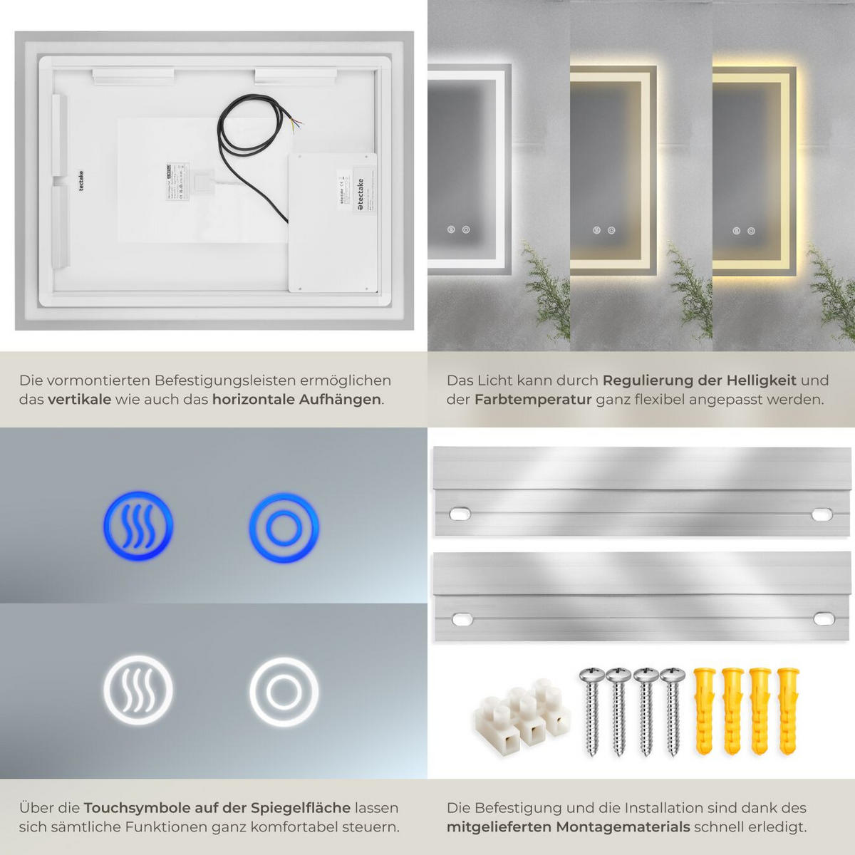 LED-BADEZIMMERSPIEGEL rechteckig Clara,inklusive Spiegelheizung,anthrazit - Anthrazit, Glas (60/100/2.5cm) - tectake
