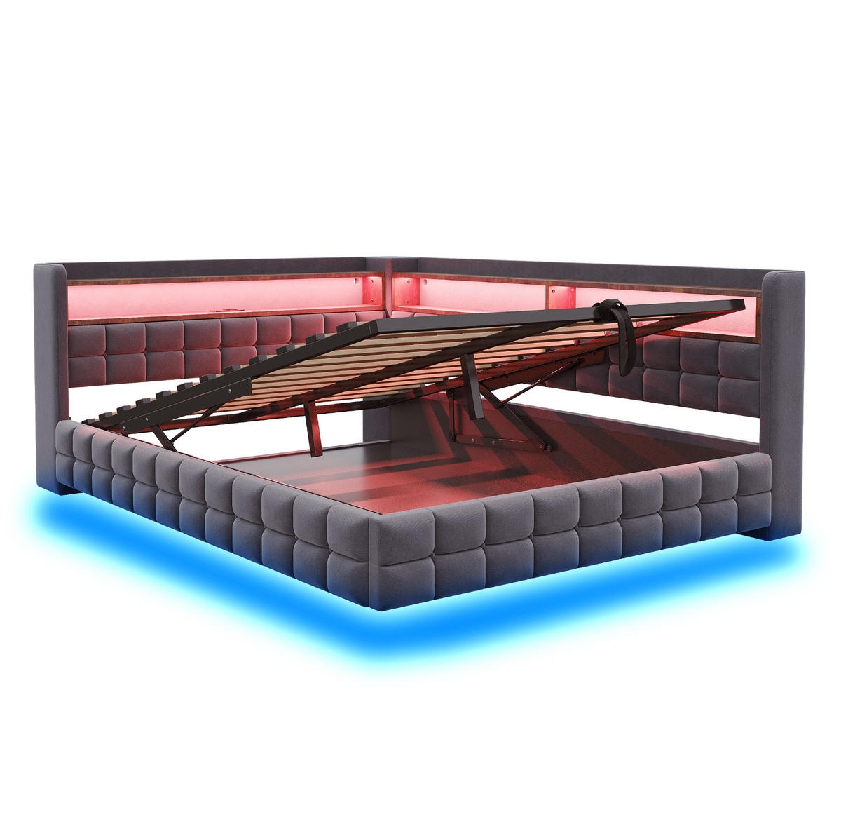 POLSTERBETT aus Samtstoff 140x200 cm Grau mit LED-Beleuchtung, USB-, Typ-C-Anschluss, Steckdose und hydraulischem Stauraum - Grau, Textil (140/200cm) - Modfu