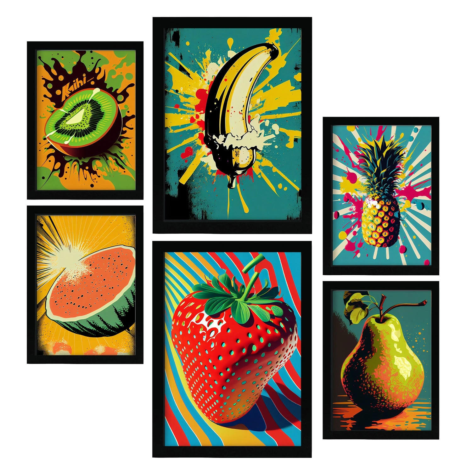 POSTER Set Mit 6 Sommerzeit Vollfarbige Plakate Von Obst, Gemüse Und Gesunden Lebensmitteln Im Urban Art Stil A3 & A4 Schwarzer Rahmen - Schwarz, Papier (29/3cm) - Nacnic