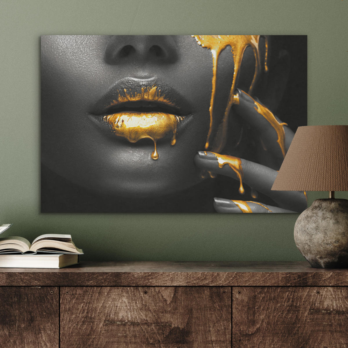 AKUSTIKBILD Frau - Schwarz - Gold - Gesicht - Lippen Wanddeko 70x50 cm - Goldfarben, Kunststoff (70/50/0.9cm) - MuchoWow