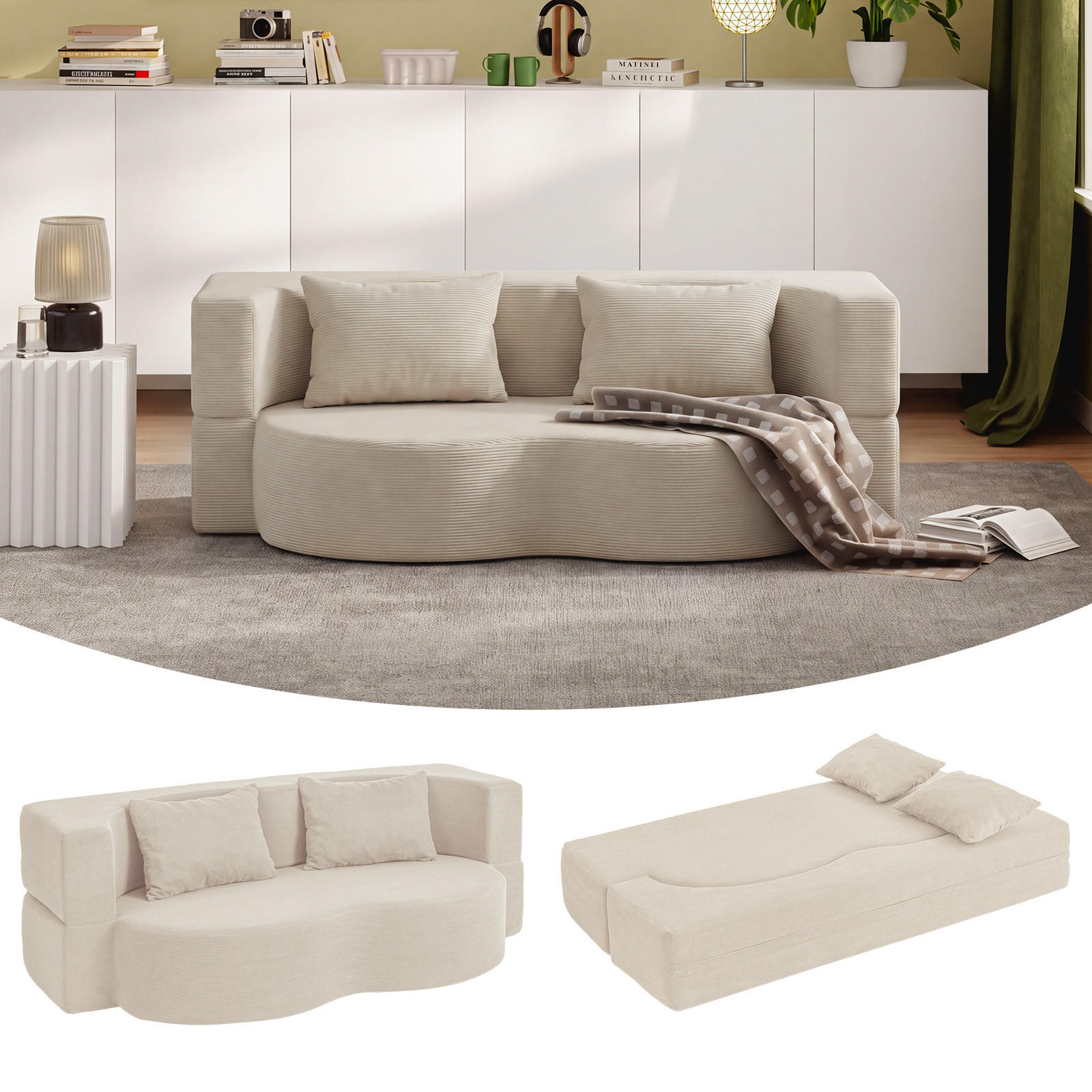 SCHLAFSOFA mit Bettfunktion und waschbarem Cordbezug FST101-MI - Beige, Textil/Metall (177/32/107cm) - SoBuy